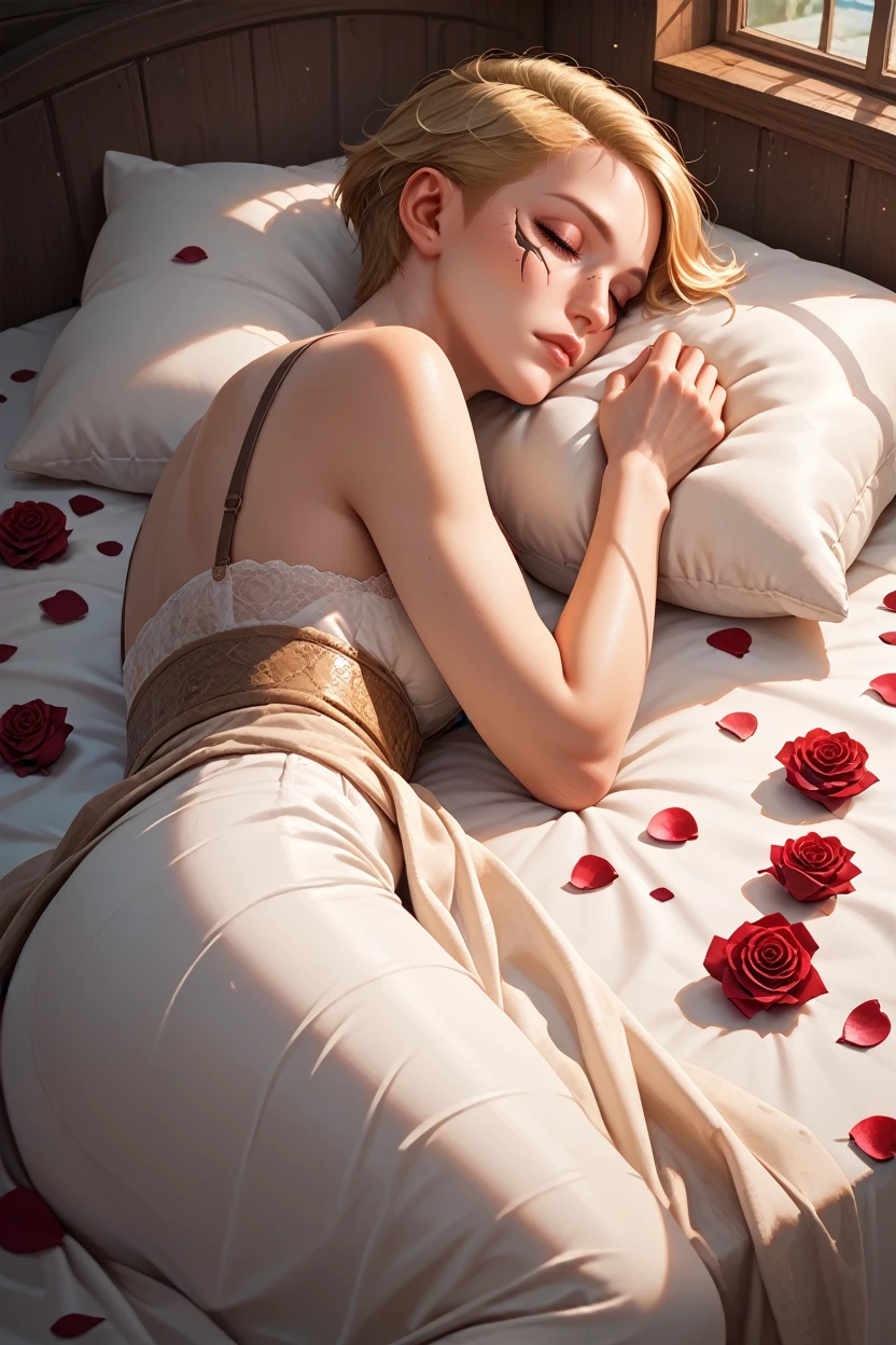 score_9, score_8_up, score_7_up, score_6_up
<lora:CyberSandraDorsett:0.8>
CyberSandraDorsett, 1girl, blonde hair, short hair, looking at viewer, sleeping in a bed, rose petals, Romanian house