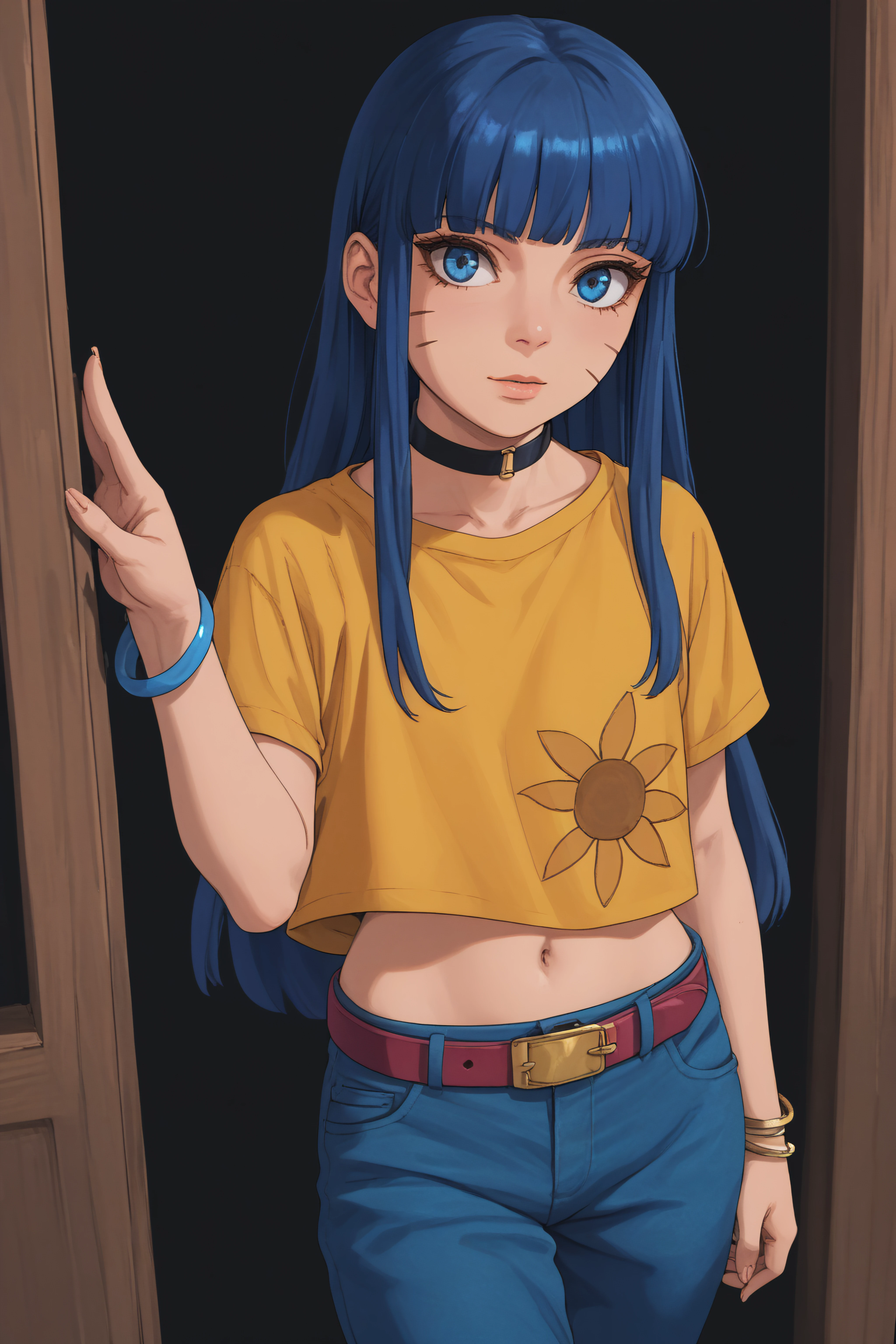 score_9, score_8_up, score_7_up, BREAK source_anime, <lora:Himawari Uzumaki-PonyXL-lora-Faxtron:1> himawari uzumaki, blue eyes, bangs, long hair, facial mark, black choker, yellow shirt, short sleeves, navel, baggy blue pants, belt, bracelet,