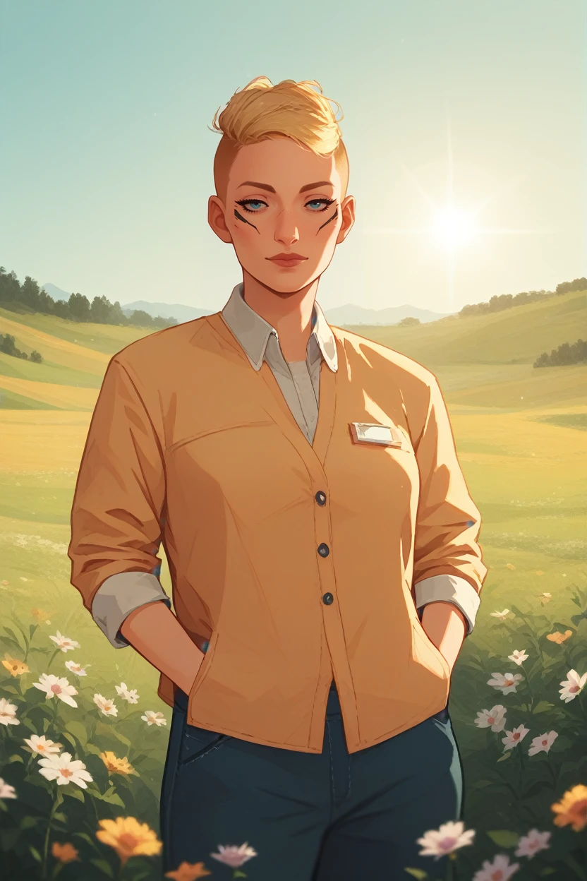 score_9, score_8_up, score_7_up, score_6_up
<lora:CyberSandraDorsett:0.8>
CyberSandraDorsett, 1girl, blonde hair, short hair, looking at viewer, standing in a field of lavender, hands in pockets, slight breeze blowing hair, warm golden hour sunlight, serene and peaceful mood