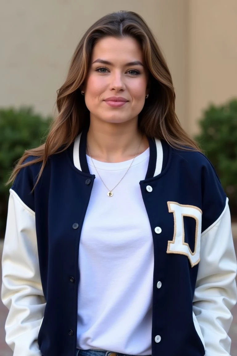 <lora:SharonBerlinghoff-000012:1>, upper body photograph of shrn standing outdoors, wearing a navy and white varsity jacket with a white T-shirt underneath. calm and composed facial expression, with a slight, natural smile, blue eyes. She has light makeup with a focus on her eyes, which are accentuated with subtle eyeliner and mascara.