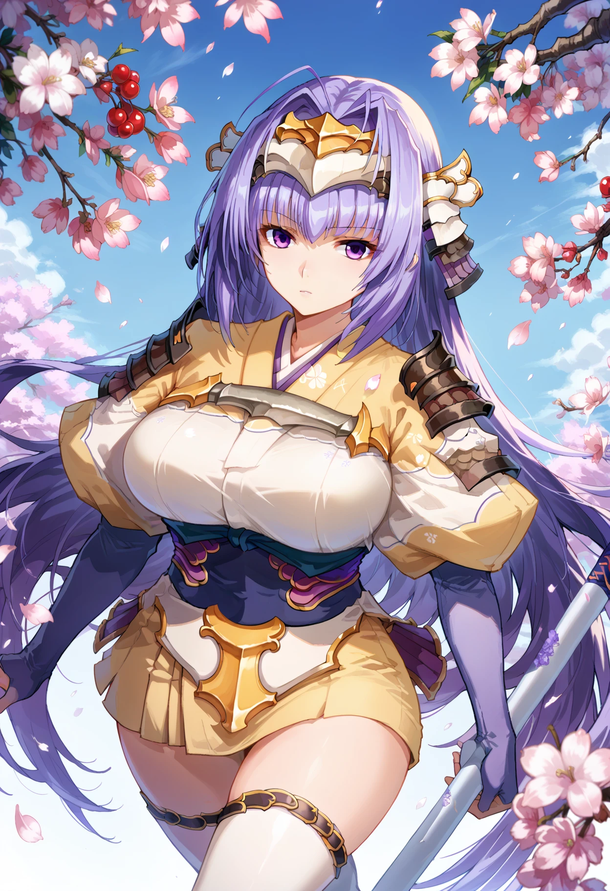 score_9, score_8_up, score_7_up, source anime, senhime, 1girl, solo, long hair, purple eyes, white thighhighs, polearm, japanese clothes, purple hair, cherry blossoms, large breasts, armor, cup, petals, very long hair, loves, bridal gauntlets, short kimono, headgear