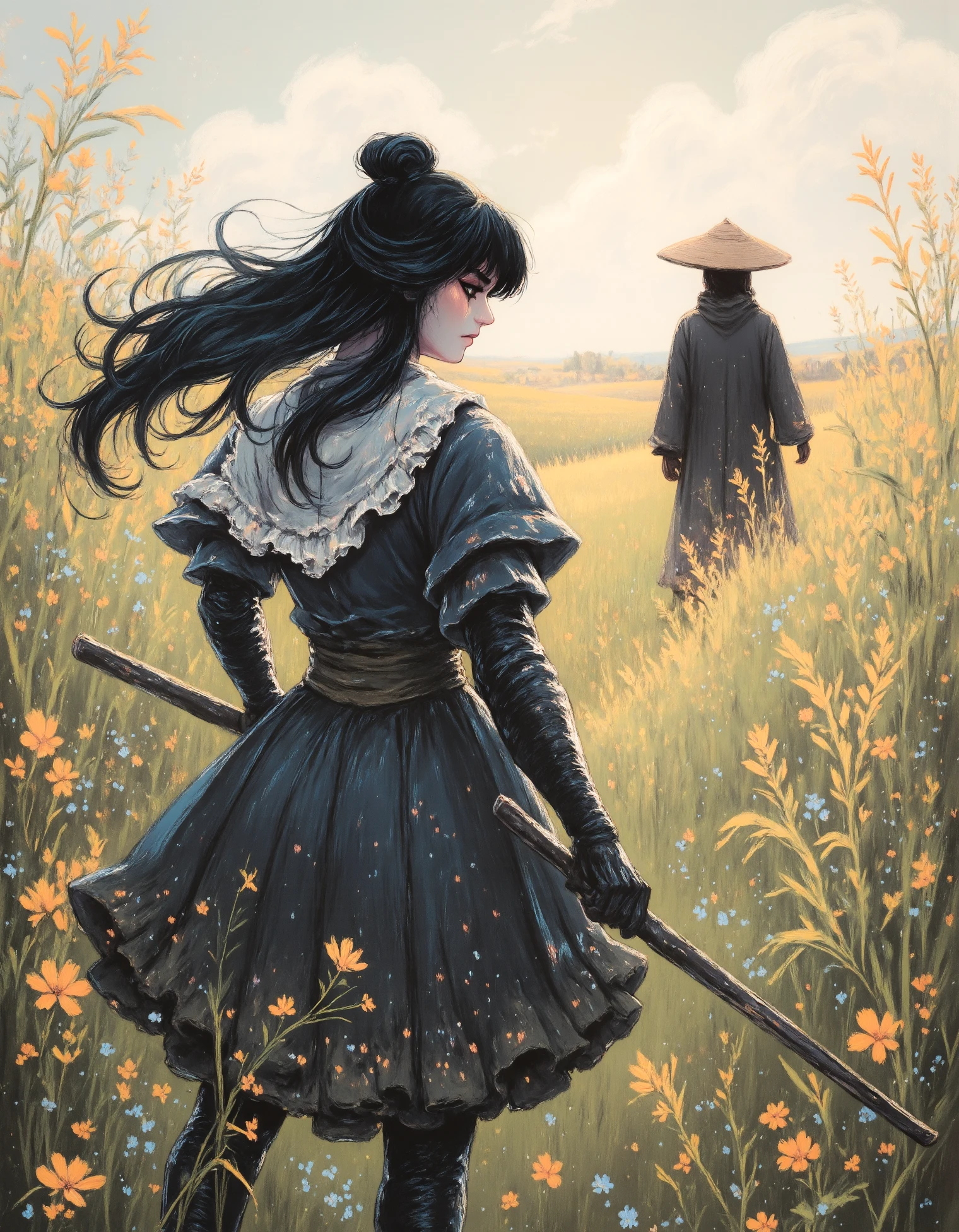 zavy-blckpnt, In a dense field of swaying reeds, a female samurai stands ready for confrontation, gripping a long bamboo staff with both hands. Her eyes are fixed on a distant figure—a mysterious opponent draped in a black cloak and wearing a wide-brimmed bamboo hat. The wind sweeps through the tall reeds, bending them with its force, while also sending the samurai's flowing hair and oversized, tattered attire billowing around her. The bamboo staff she holds is steady and firm, an extension of her determined stance. Her gaze is sharp and unwavering, locked onto her opponent as the wind amplifies the sense of anticipation. The charged atmosphere signals that the imminent clash will be intense, with the entire landscape seeming to hold its breath in anticipation