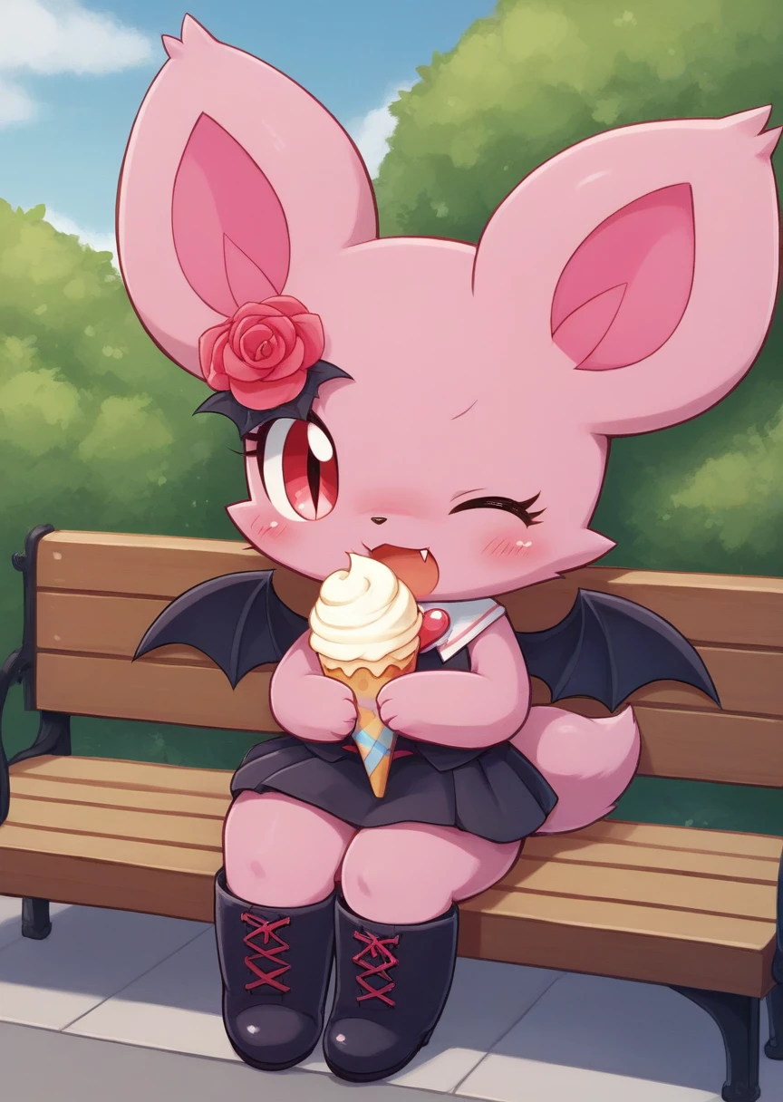 score_9, score_8_up, score_7_up, score_6_up, score_5_up, BREAK
Debi, anthro, female, solo, fangs, one eye closed, tail, 1girl, blush, bat wings, wings, boots, furry, no humans, open mouth, flower, heart, park, bench, sitting, holding icecream, pink fur, flower