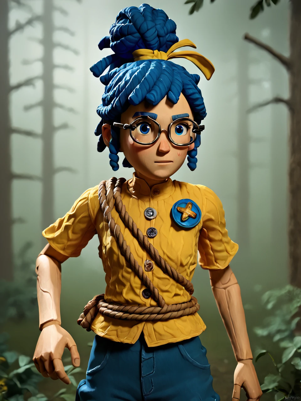 score_9, score_8_up, score_7_up, score_6_up, BREAK, ItTakMay, solo, 1girl, blue eyes, glasses, blue hair, hair ribbon, yellow shirt, button badge, rope, blue pants, in the forest <lora:May:0.8>