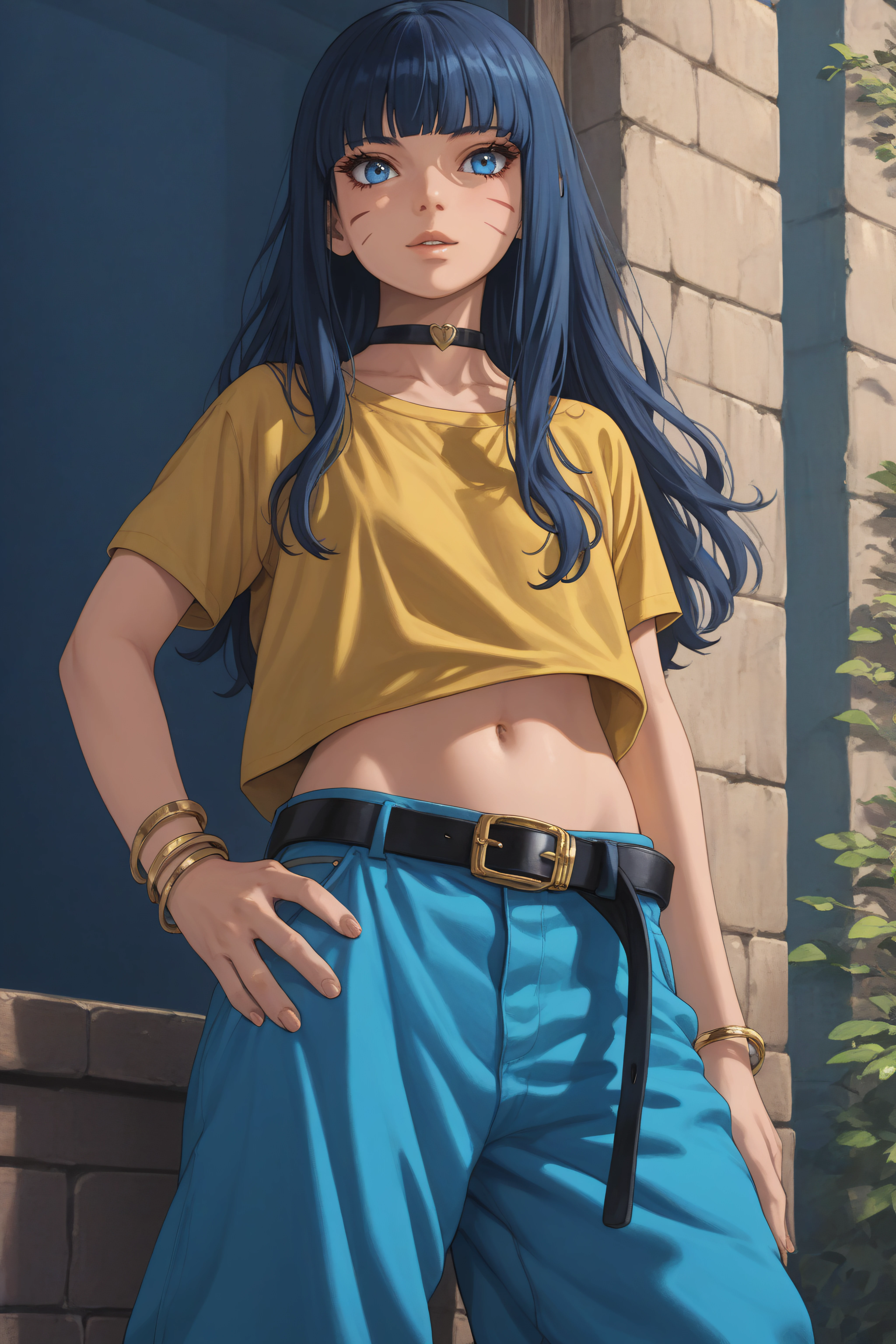 score_9, score_8_up, score_7_up, BREAK source_anime, <lora:Himawari Uzumaki-PonyXL-lora-Faxtron:1> himawari uzumaki, blue eyes, bangs, long hair, facial mark, black choker, yellow shirt, short sleeves, navel, baggy blue pants, belt, bracelet,