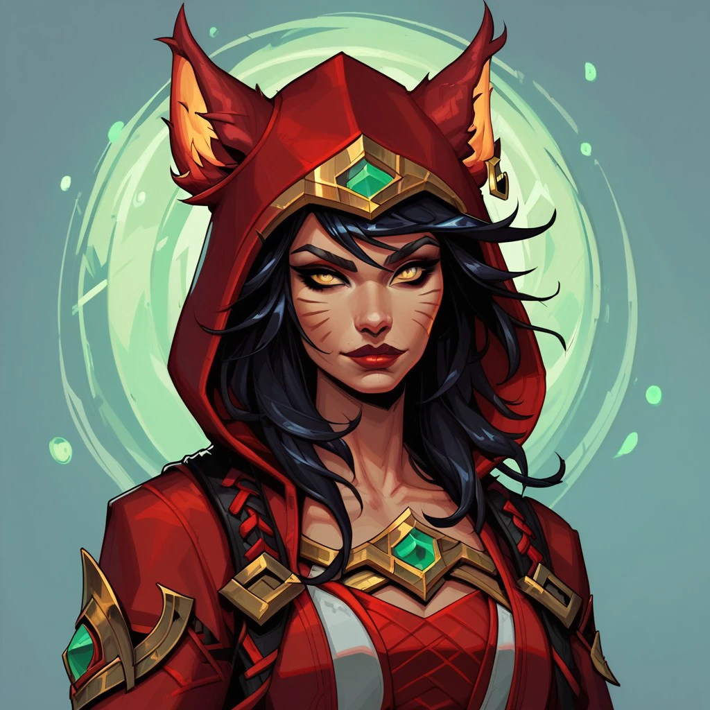 score_9, score_8_up, score_7_up, Neonhades BREAK, 1woman portrait, beautiful, dramatic lights. Ahri3. Ahritabletop. tabletopahri. fox ears, black hair, hood, red hood,