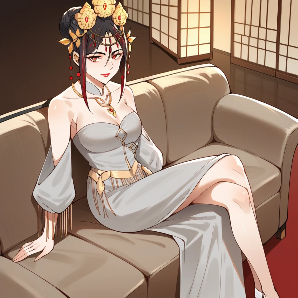 score_9_up, score_8_up, score_7_up, source_anime, 1girl, solo, Mulan, Jin_Wed, grand hall, Chinese interior, chandelier lantern, sitting on couch, crossed legs, white footwear, smile, hand on lap, looking at you, from side, from above, red eyes, red lips, black hair, streaked hair, red hair, hair bun, tiara, alt hair ornament, red eyes, cleavage, wedding dress, strapless dress, alt dress, grey dress, jewelry, necklace, detached collar, detached sleeves, grey sleeves, long skirt, side slit,mature body, dynamic cowboy shot, indoors, Chinese architecture background