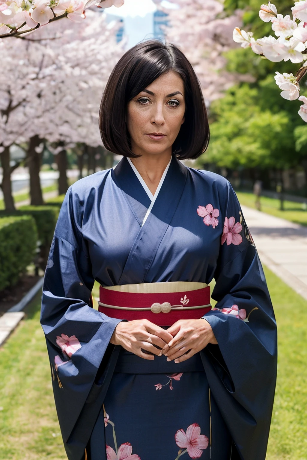 <lora:Carmel_LoRa_v1:.8>, woman, short black hair, bob hair, bangs, mature woman, skinny, small breasts, traditional kimono, floral print, long sleeves, looking at viewer, serious, standing, hands together, outside, cherry blossom, sunny,