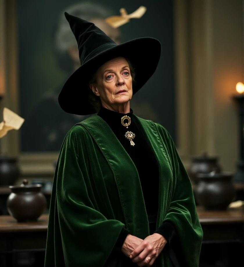 f/2.8 , bokeh,  <lora:minerva-mcgranitt-flux-m3g1s:1> m3g1s, harry potter syle, with an austere look, wearing a long emerald robe and a large pointed hat, while teaching spells in a classroom filled with cauldrons and floating scrolls