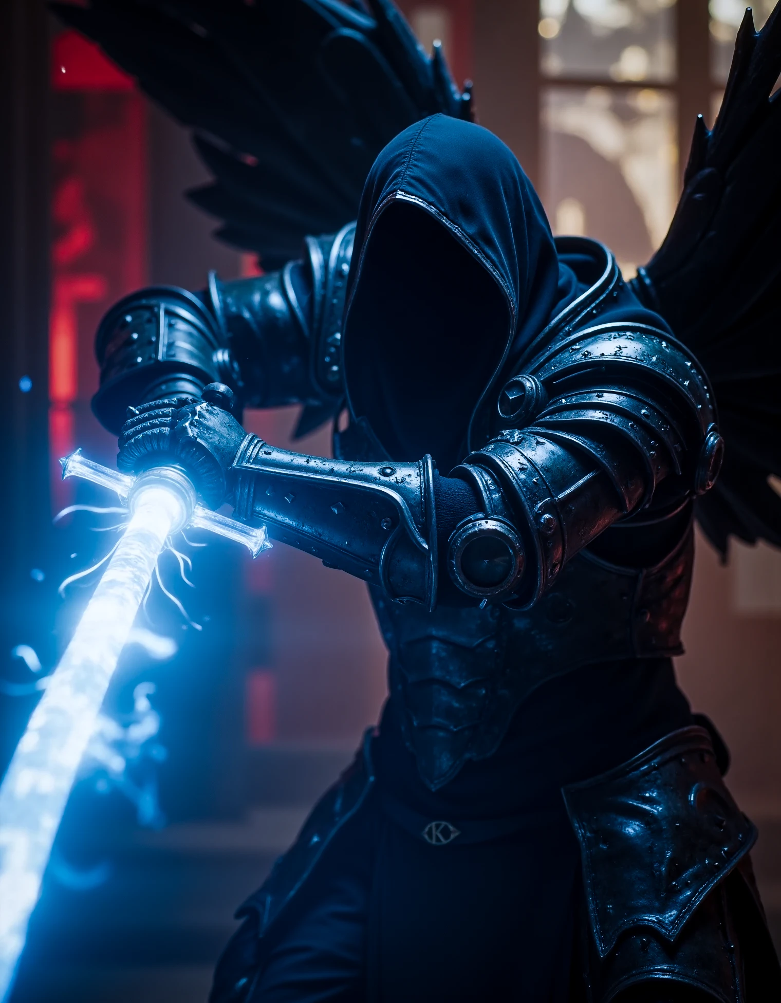 zavy-thrlngl, close-up action portrait shot of an fallen angel with black ethereal wings wearing black armor and black hood in a satanic cathedral in combat with his huge sword aimed at the camera while the sickly glow of demonic energy seeps into view, dynamic pose, action pose, dynamic angle, knight,