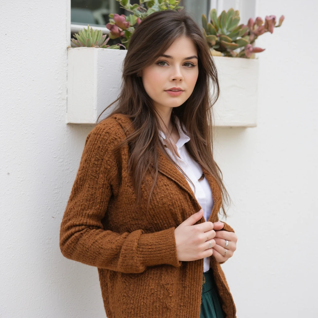 A portrait of elise_trouw standing against a white wall. She wears a brown, textured cardigan with a white shirt underneath and a green skirt. Her hair is long and wavy, and she has a neutral expression. She holds her jacket with both hands, and a silver ring rests on her right wrist. Behind her, a white planter holds a bouquet of succulents. The overall color palette is warm, with the brown of her cardigan contrasting the white wall and the green of her skirt.