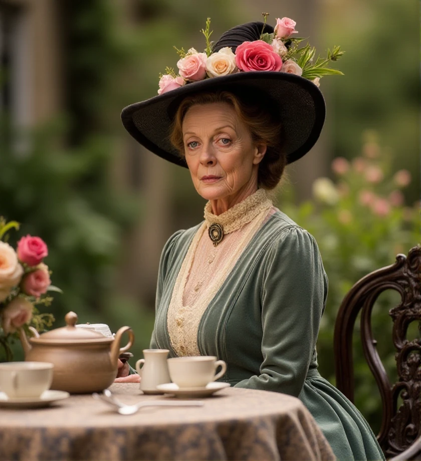 f/2.8 , bokeh,  <lora:minerva-mcgranitt-flux-m3g1s:1.2> m3g1s, ((Victorian dress)),  capelli decorated with flowers, sitting outside having tea