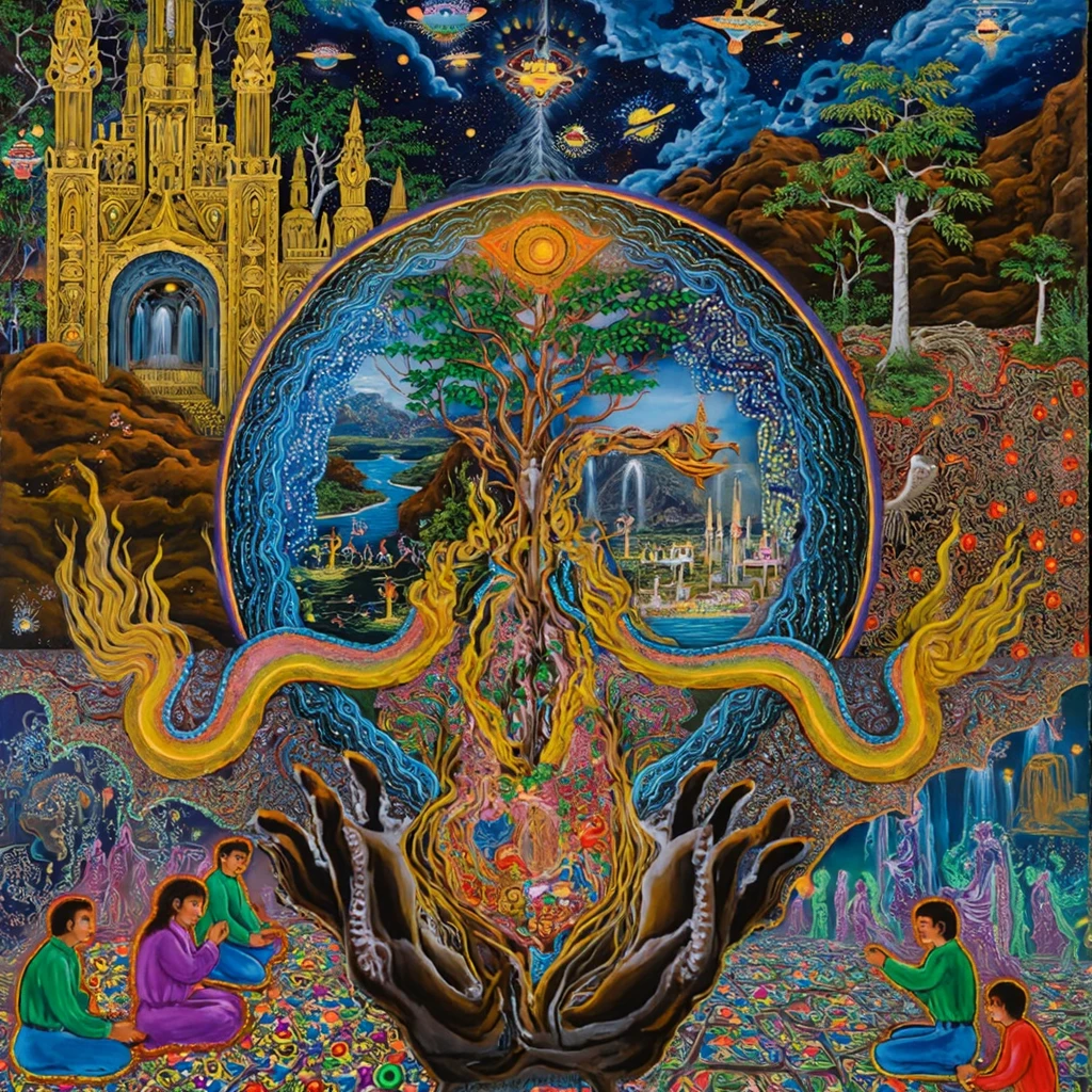 A surreal scene using a traditional indigenous art style, full of swirling intricate psychedelic patterns, depiciting a intricate and complex scene: 

The Liquid Sky Cathedral
Location: The upper left corner.
Motif: A grand, gothic cathedral made entirely of fluid metal that reflects the sky. Its spires twist upward into the clouds, constantly melting and reforming. The stained glass windows depict constellations and cosmic deities, their faces shifting in the flicker of neon light. This section represents the blending of the divine with the cosmic, a place where the architecture is as fluid as the stars it reaches toward.
2. The Serpent Bridge
Location: Bisecting the scene horizontally.
Motif: A giant, serpentine bridge made from interlocking scales of gold and silver. The scales ripple as if alive, leading across a glowing abyss of swirling light. Each step taken on the bridge leaves trails of vibrant color. The serpents' heads are adorned with hypnotic fractal patterns, and their eyes are crystalline pools that reflect the universe. This partition connects the higher and lower realms, symbolizing transcendence and the movement between realities.
3. The Forest of Hands
Location: Bottom left.
Motif: A surreal forest where trees are replaced with hundreds of glowing hands, all emerging from the ground, their fingers curling toward the sky like branches. Each hand holds a floating orb that pulses with colorful energy, occasionally morphing into strange, floating eyes. The air is thick with ethereal whispers, and the sky above flickers between dusk and dawn. The forest suggests a sense of reaching or grasping for higher knowledge, trapped in an endless cycle of seeking.
4. The Neon Oasis
Location: Top right corner.
Motif: A desert landscape that shimmers with neon sand dunes in blues, purples, and pinks. In the middle is a small oasis where the water glows bright green, and the palm trees are made from woven strands of light. Above, a massive golden moon looms close to the ground, its surface etched with shifting geometric patterns. This section contrasts the natural with the technological, as if life and nature have been reimagined in neon and electricity.
5. The Infinite Chessboard
Location: Center of the scene.
Motif: An endless chessboard that seems to stretch on into infinity, the black and white squares glowing softly. Upon it, the chess pieces are humanoid figures, each one a transparent entity filled with swirling galaxies. Some pieces float slightly above the board, shifting in and out of different dimensions. The rules of the game seem incomprehensible, with pieces moving in random directions, occasionally morphing into entirely new forms. The chessboard symbolizes the futility of logic in an illogical universe, blending order and chaos.
6. The Dreamer’s Cocoon
Location: Bottom right.
Motif: A massive, translucent cocoon hangs suspended in mid-air by glowing vines, pulsing with soft blue and green light. Inside, a slumbering humanoid figure floats in a fetal position, surrounded by slowly rotating symbols and cryptic runes. Around the cocoon, smaller, butterfly-like creatures with wings made of glass flutter silently. This motif captures the essence of transformation, both physically and mentally, waiting to emerge from a surreal dream.
7. The Celestial Tree
Location: Right side, midsection.
Motif: A gigantic tree grows from a floating island, its leaves are transparent and give off a multicolored glow like stained glass. Hanging from its branches are glowing fruits that resemble miniature planets, each one swirling with tiny storms and energy bursts. The trunk is gnarled and ancient, but its bark has veins of liquid light flowing through it. Surrounding the tree, smaller entities meditate in circles, their bodies merging with the ground, feeding energy into the tree. This is a motif of cosmic growth and interconnectedness.
8. The Digital Mind Spiral
Location: Upper center.
Motif: A swirling vortex of glowing data streams, forming the shape of a human brain. The tendrils of this spiral extend outwards, slowly wrapping around various elements of the scene. Each strand of data is composed of tiny symbols, equations, and binary code that flow rapidly like a waterfall. Glowing eyes and faces flicker in and out of the spiral’s surface, hinting at some vast intelligence beyond comprehension. This represents the merging of human thought with the infinite complexity of the digital and abstract.
9. The Fiery Abyss
Location: Bottom center.
Motif: A pit of bright orange and red fire, but instead of burning, the flames behave like flowing liquid, moving up and out in slow spirals. Inside the fire are spectral figures dancing and writhing, their bodies flickering between human and abstract shapes made of geometric patterns. Above the abyss, a golden chariot floats, driven by an angelic being with multiple wings, casting radiant light that never quite reaches the fire below. This partition captures the duality of suffering and salvation, chaos and control.