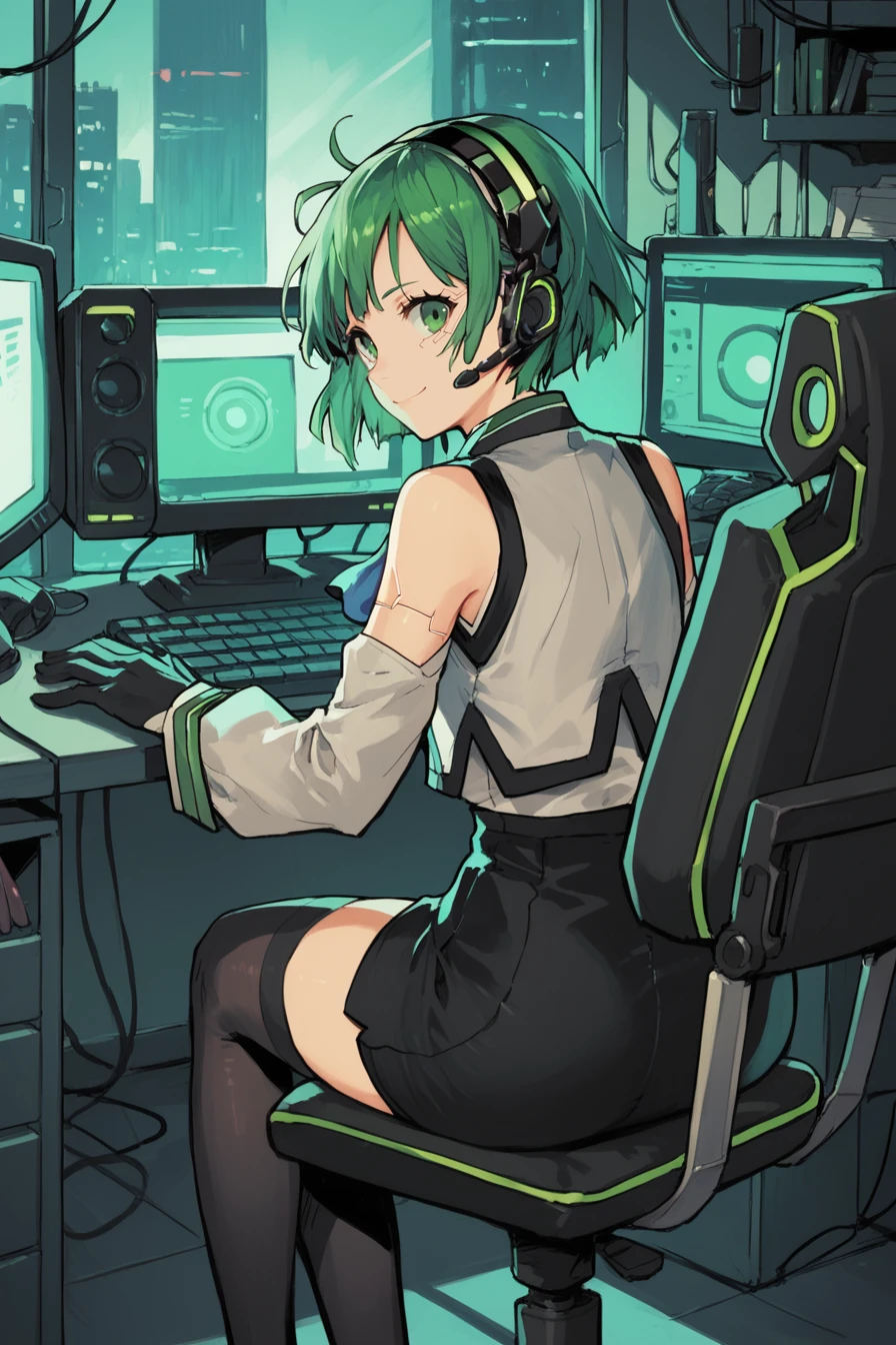 (score_9, score_8_up, score_7_up), source anime,  <lora:Lin:0.7> , lindef, 1girl, solo, green hair, short hair, green eyes, hairband, headset, antennae, radio antenna, blue ascot, bare shoulders, vest, white vest, white shirt, shirt, collared shirt, sleeveless shirt, green trim, gloves, black gloves, skirt, black skirt, pencil skirt, detached sleeves, white sleeves, thighhighs, black thighhighs, smile, (head tilt), <lora:4t4rXLP:0.6> , 4t4r, BREAK
indoor, office, ((cyberpunk)), <lora:c0mpXLP:0.6> , c0mp, sitting, indoors, chair, computer, monitor, headphones, desk, from behind, keyboard (computer),