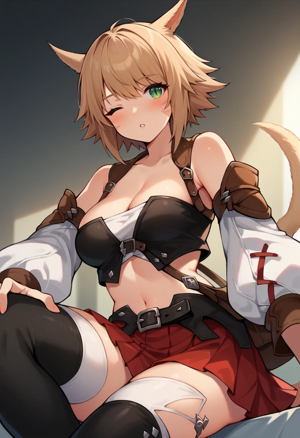 score_9, score_7_up, hd, (ultra hd quality details), source_anime, blurry background, 
solo, 1girl, light brown hair, short hair, green eyes, medium breasts, 
miqo'te, cat tail whisker markings, cleavage, crop top, white detached sleeves, belt, bag, midriff, miniskirt, pleated skirt, red skirt, thighhighs, black thighhighs,
looking at viewer, blush, one eye closed, parted lips,
sitting, from below, black boots,
<lora:_starting_outfit_miqote-elesico-pony-05:1>