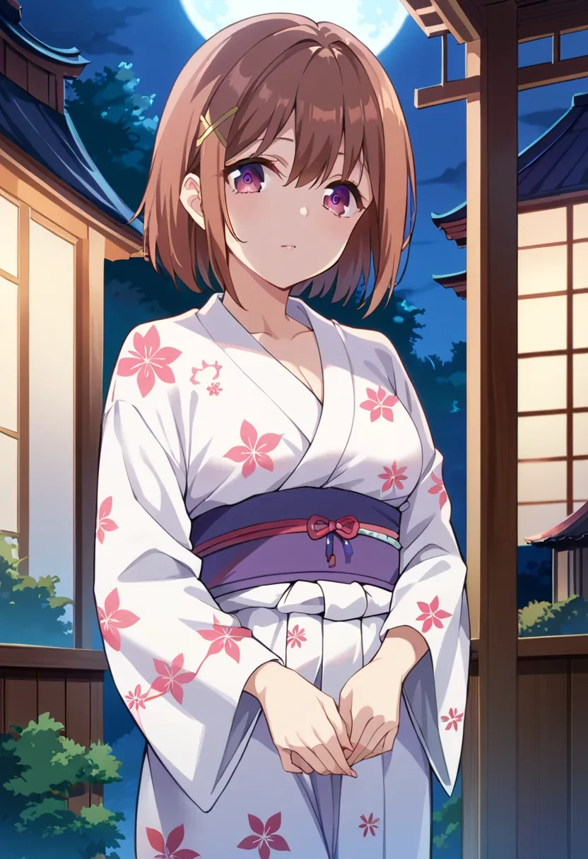 score_9, score_8_up, score_7_up, score_6_up,
masterpiece,

1girl, solo,

Minimi Nimi, purple eyes, brown hair, short hair, hair ornament, x hair ornament,

pink white japanese yukata, night, big moon, stary night,