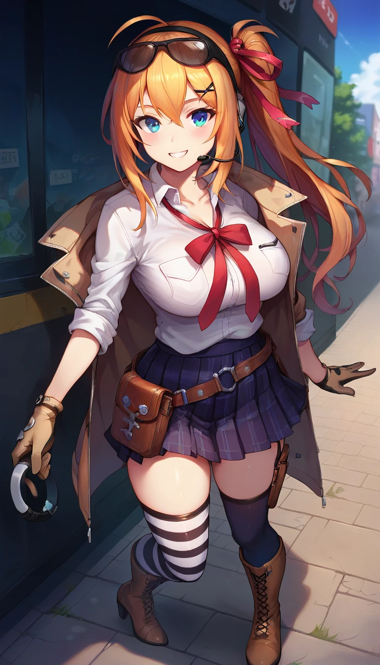 score_9,score_8_up,score_7_up,score_6_up BREAK official art,solo,outdoors,upper body,(portrait:1.5),looking at viewer,facing viewer,smile,blush,Kalina,ahoge,long hair,orange hair,sunglasses on head,headset,one side ponytail,x hair ornament,hair ribbon,sidelocks,hair between eyes,parted bangs,blue eyes,collarbone,cleavage,brown jacket,open jacket,collared shirt,white shirt,breast pocket,neck ribbon,red ribbon,loose bowtie,long sleeves,large breasts,sleeves rolled up,brown gloves,belt pouch,miniskirt,black skirt,plaid skirt,pleated skirt,zettai ryouiki,black thighhighs,striped thighhighs,mismatched legwear,mismatched thighhighs,white thighhighs,thigh holster,high heel boots,cross-laced footwear,brown footwear,<lora:Kalina(gf)-Pony:1.6>,