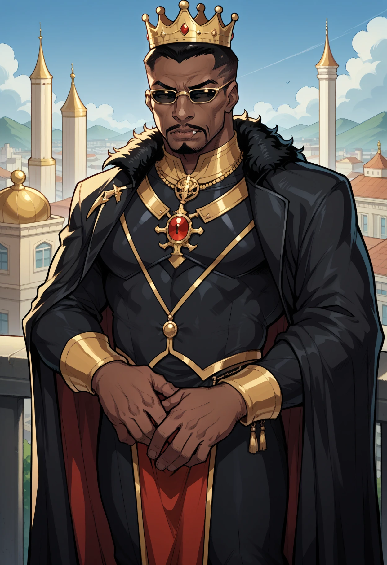 score_9, score_8_up,score_7_up, source_anime, 1boy, solo, bldeb, male focus, manly, dark-skinned male, dark skin, black hair, very short hair, facial hair, mustache, beard, goatee,vampire, 
sunglasses,
emperor, royal outfit, royal cape, crown, fur trim, jewelry, necklace, golden ornaments ,
at the balcony, city view,
<lora:bldweb_pdxl_EliPot:1>