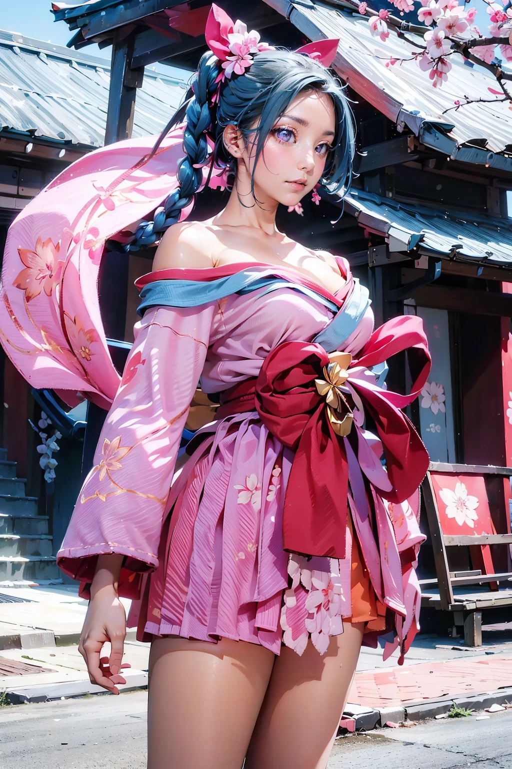 <lora:airi sakura fubuki aov new:0.8>, airi sakura fubuki, 1girl, solo, long hair, very long hair, blue hair, hair ornament, braid, twin braids, ribbon, hair ribbon, earrings, looking at viewer, pink eyes, lips, flower, bow, jewelry, japanese clothes, ((bare shoulders)), floral print, socks, kimono, print kimono, short kimono, obi, long sleeves, breasts, large breasts, tabi, skirt, pink skirt, geta, platform footwear, simple background, (realistic:1.4), best quality, ultra high res, (photorealistic:1.4), masterpiece, real life skin, hyper real