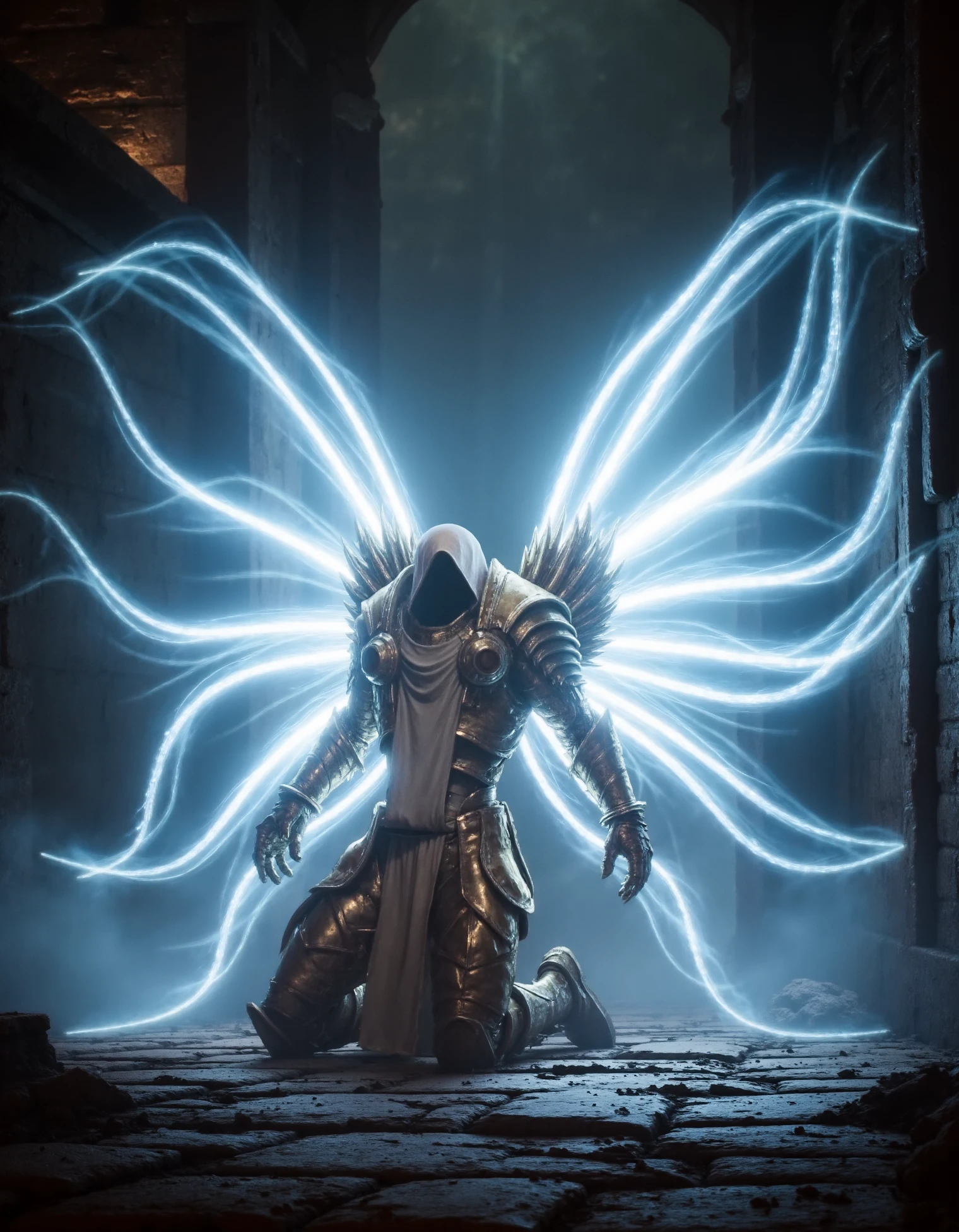 zavy-thrlngl, an angel with ethereal wings kneels in dungeon