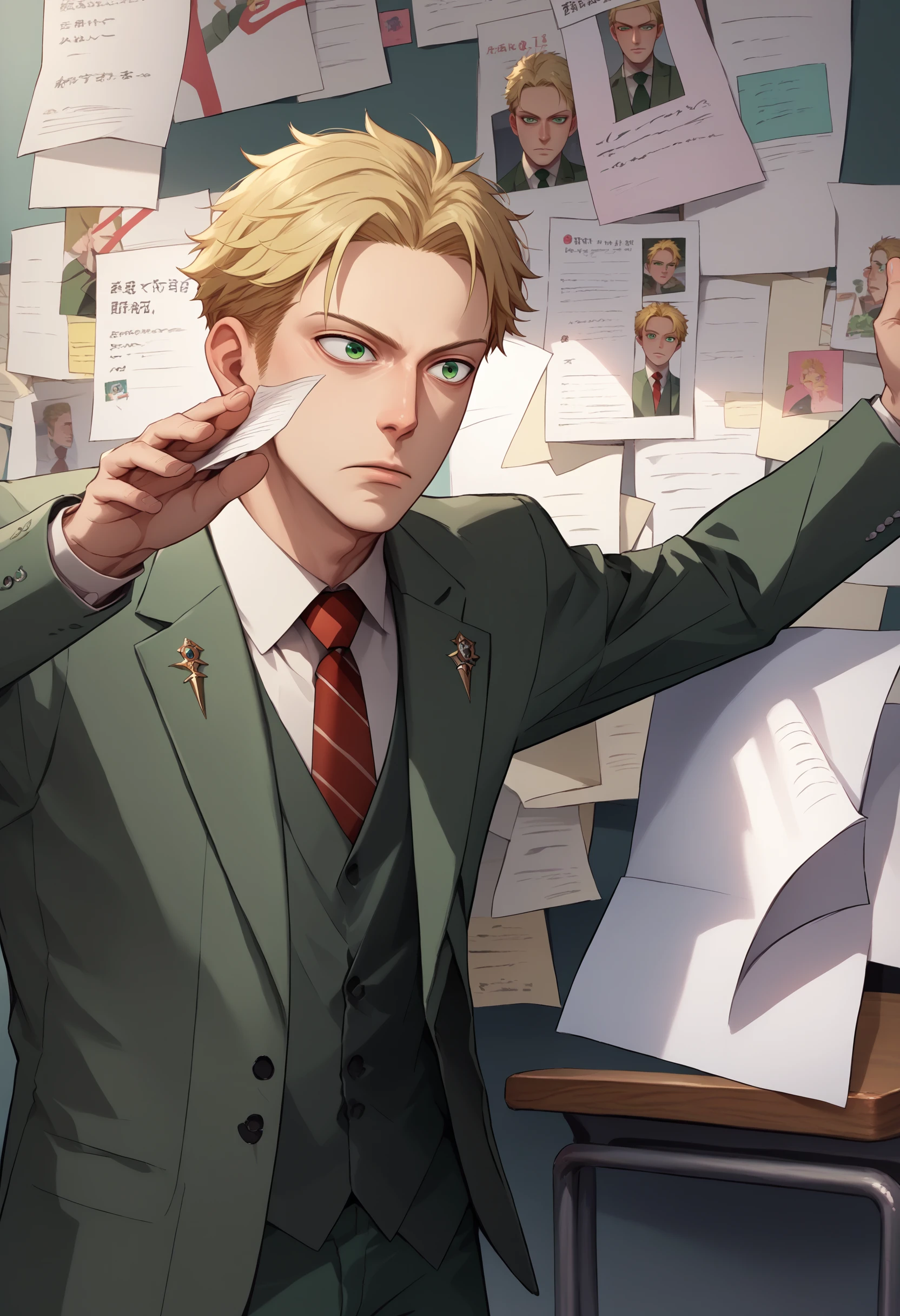 score_9, score_8_up, score_7_up, 1boy, loid forger, blonde hair, short hair, green eyes, collared shirt, red necktie, green jacket, white shirt, suit, formal, long sleeves, vest, <lora:LoidForgerTwilight_pdxl_Incrs_v1:1>, green pants, <lora:PepeSilviaMeme_pdxl_Incrs_v1:1> PepeSilviaMeme, paper, hand against wall