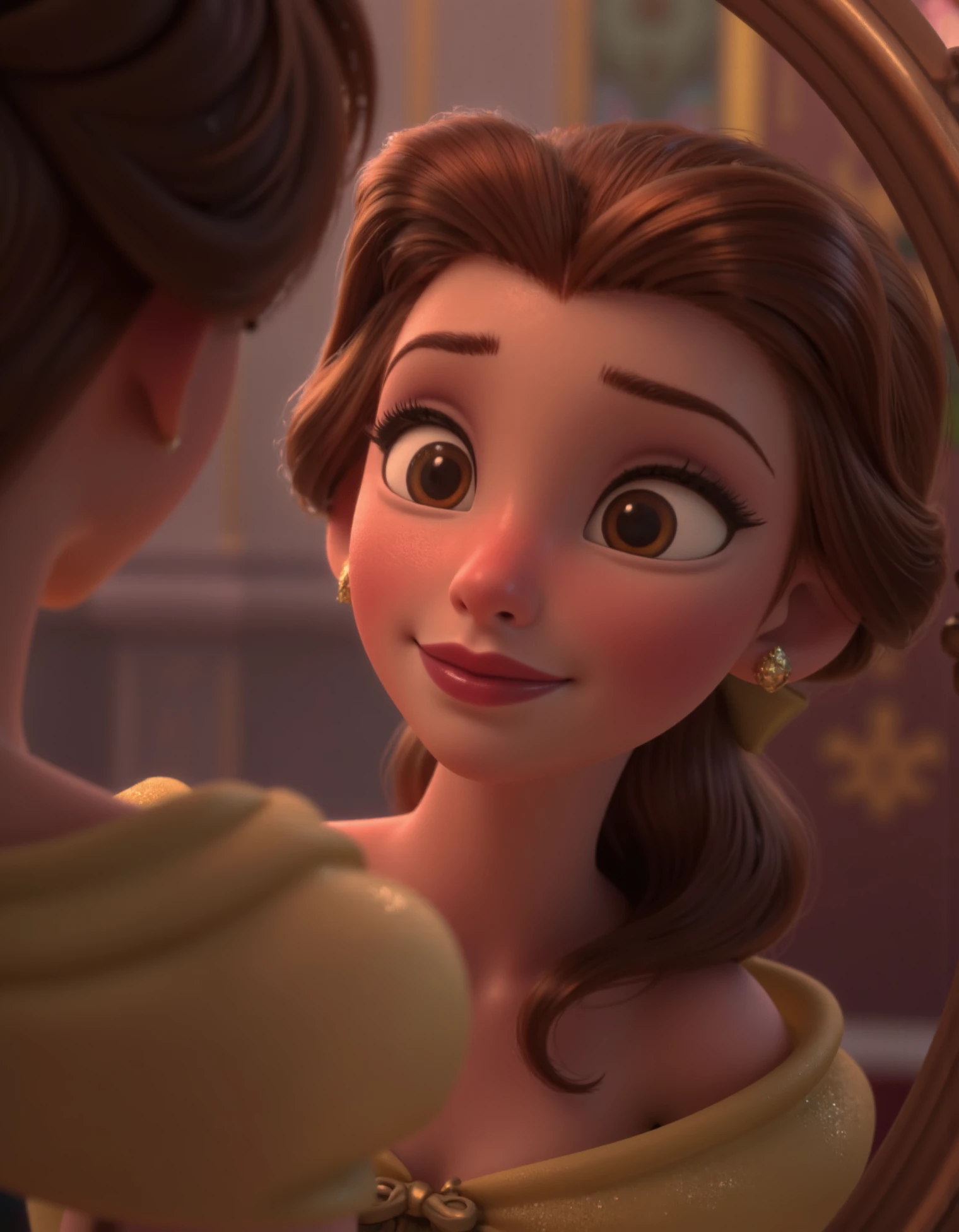 Belle, A close-up of Belle’s face reflected in a mirror, with the angle slightly off-center to capture both her reflection and the soft light surrounding her. The lighting creates a gentle glow, and her expression is thoughtful and introspective, adding depth to the image, disney style