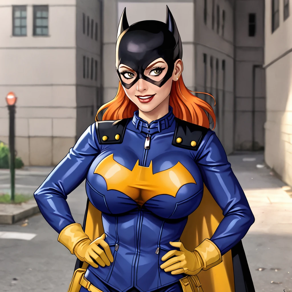 <lora:batgirlburnside_pony_v1:.8> BatgirlBurnside, 1girl, cape, domino mask, large breasts,  bodysuit, gloves, superhero, orange hair, cowboy shot