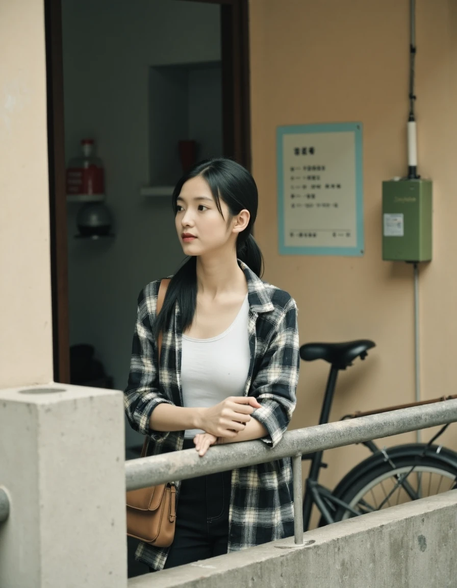 xiancheng, xiancheng, This photograph captures a young woman standing on a concrete balcony, possibly in an urban setting. She is of East Asian descent with a slender build and long, straight black hair, styled in a simple ponytail. She is wearing a black and white checkered flannel shirt over a white tank top, and has a tan shoulder bag slung over her right shoulder. Her expression is contemplative as she gazes off to the left, away from the camera.The background features a worn, beige wall with peeling paint and some visible electrical wires and a green metal box attached to it. The wall also has a piece of paper with handwritten text in a foreign language, possibly Chinese, attached to it. The railing she leans against is rough and utilitarian, with a slightly worn texture. A bicycle is partially visible in the background, leaning against the wall. The scene suggests a modest, everyday setting, possibly in an apartment or a small shop, with a slightly aged, lived-in feel. The overall color palette is muted, with earthy tones and a slightly faded appearance, enhancing the sense of time and place.,  <lora:xiancheng_F1_V1.0_sampon:1.2>,