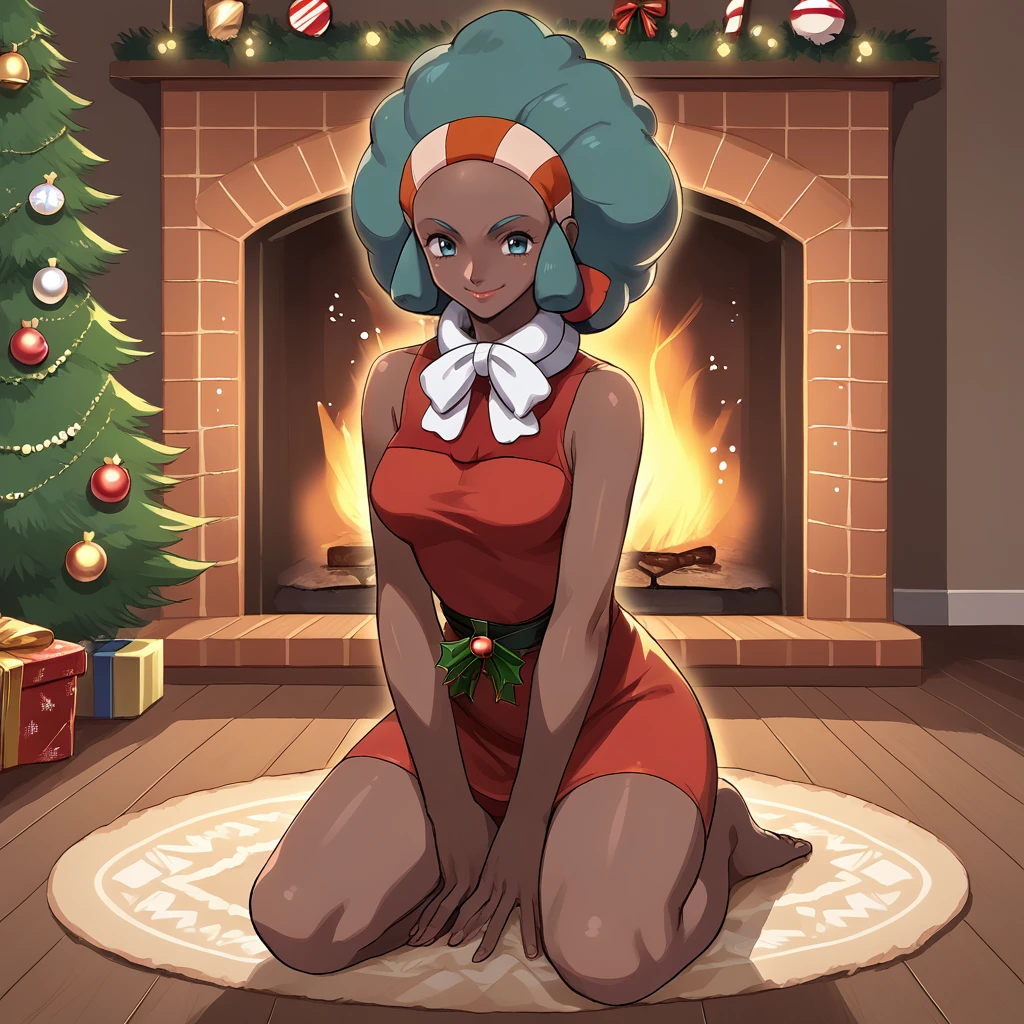 score_9, score_8_up, score_7_up, score_6_up, score_5_up, score_4_up, zPDXL2,source_anime,rating_questionable,  1girl, lounging, looking at viewer, smile, Christmas tree, kneeling <lora:Fireplace:0.8> f1r3pl4c3, fireplace, indoors, looking at viewer, wooden floor, rug <lora:Lenora_-_Pokemon_BW:1> lenora_bw, dark-skinned female, red dress, white fur collar,