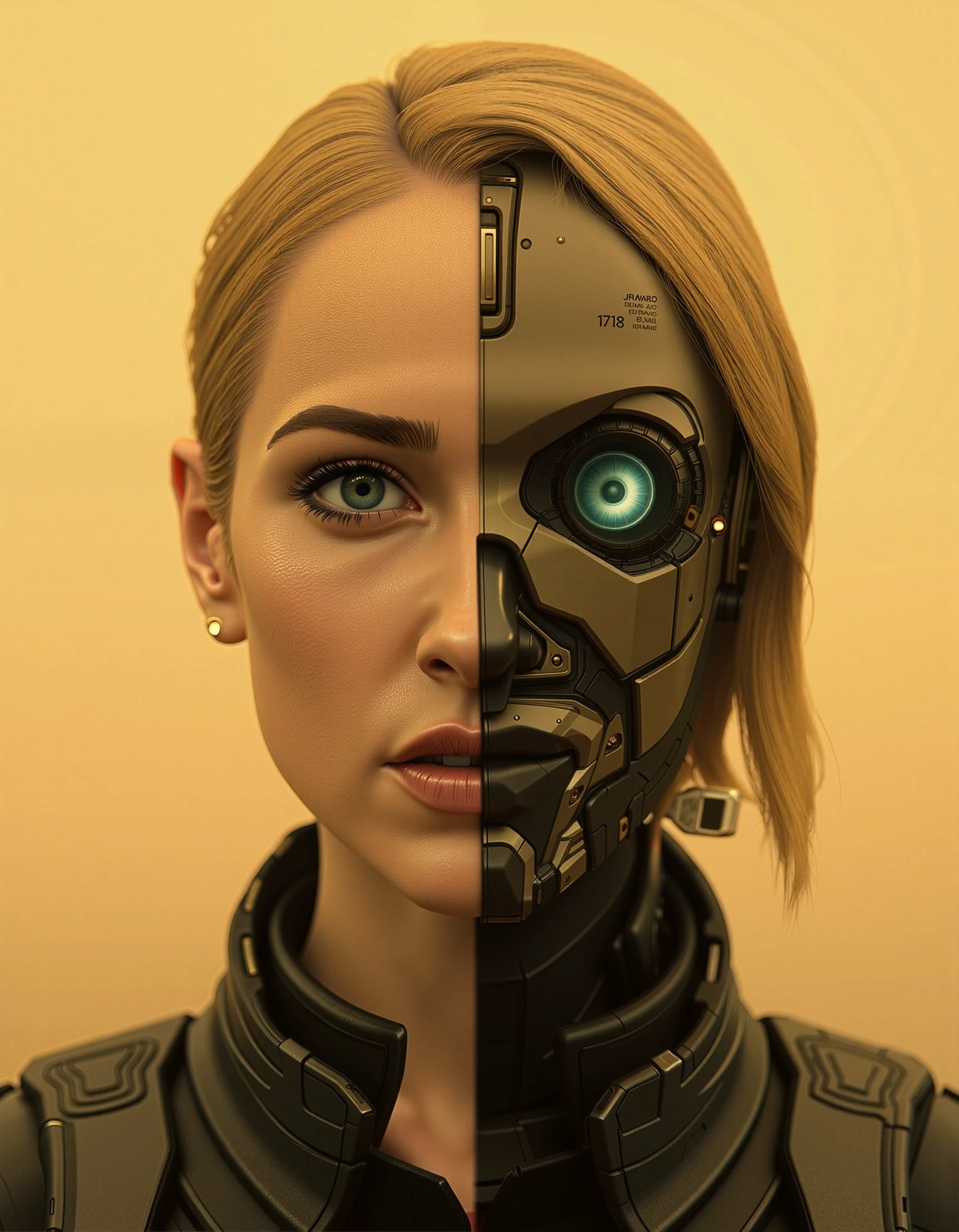 portrait of half a woman and half a robot, there is a distinct separation of the organic and mechanical parts in the center vertical of the image, on the left side, a blonde woman with a blue eye and pink lips, on the right side a military mercenary robot designed by DRAKE INTERSTELLAR also with a blue eyes and with the same hair as the left half, the portrait is shot in a yellow-tinted foggy dystopian location, directed by Denis Villeneuve.

Both halved are wearing the same clothing and are not separated vertically. The hair is also shared by both halves, showing that the mechanical part is the core of the being and the skin is just a flesh shell over the industrial robotic components.