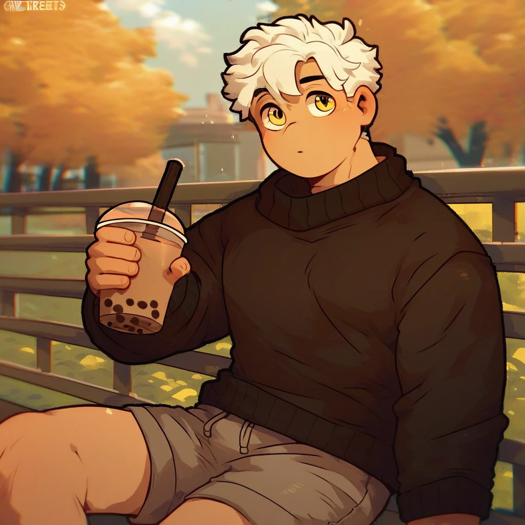 score_9_up, score_8_up, score_7_up, mikus-revereets, black body, white hair, yellow eyes, park, holding, bubble tea, black sweater, gray shorts, 1boy, solo