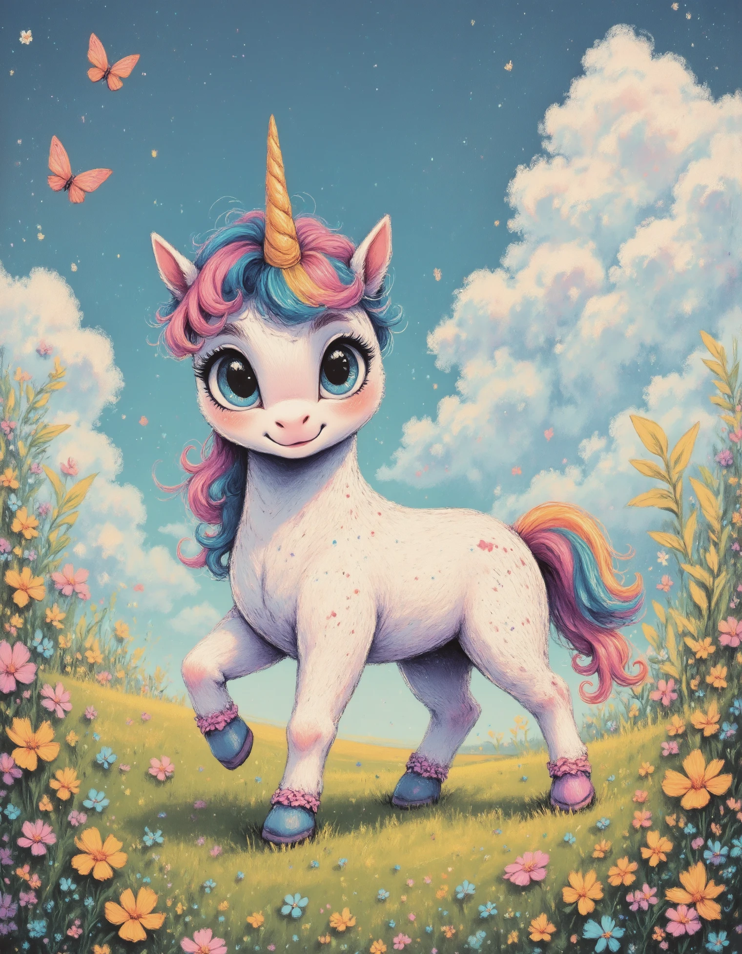 zavy-blckpnt, A baby unicorn with a shimmering golden horn and a mane of pastel rainbow colors prances through a meadow of wildflowers, each step causing a little cloud of sparkling dust to puff up around its tiny hooves. The unicorn's big, sparkling eyes are full of wonder as it explores the meadow, sniffing at the colorful flowers and chasing after fluttering butterflies. The sky above is a brilliant shade of blue, dotted with fluffy white clouds that seem to drift lazily across the horizon.