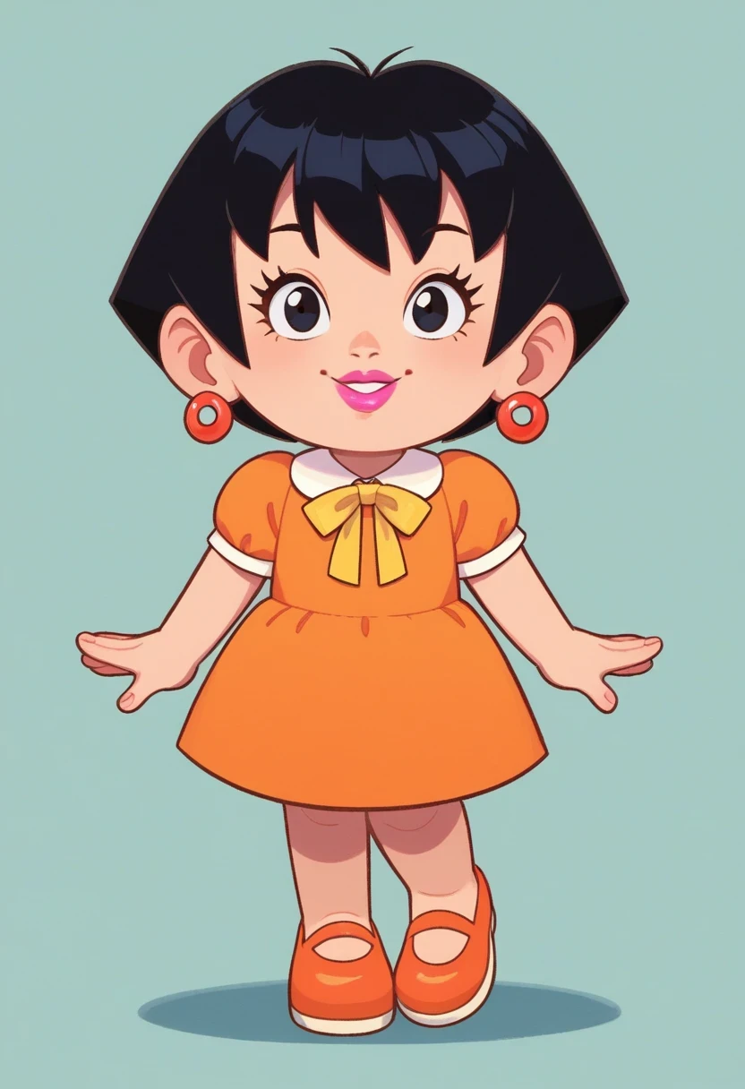 keika, 1girl, short hair, black hair, dress, jewelry, short sleeves, earrings, black eyes, orange dress, orange shoes, yellow ribbon on skirt, pink lips, lipstick,