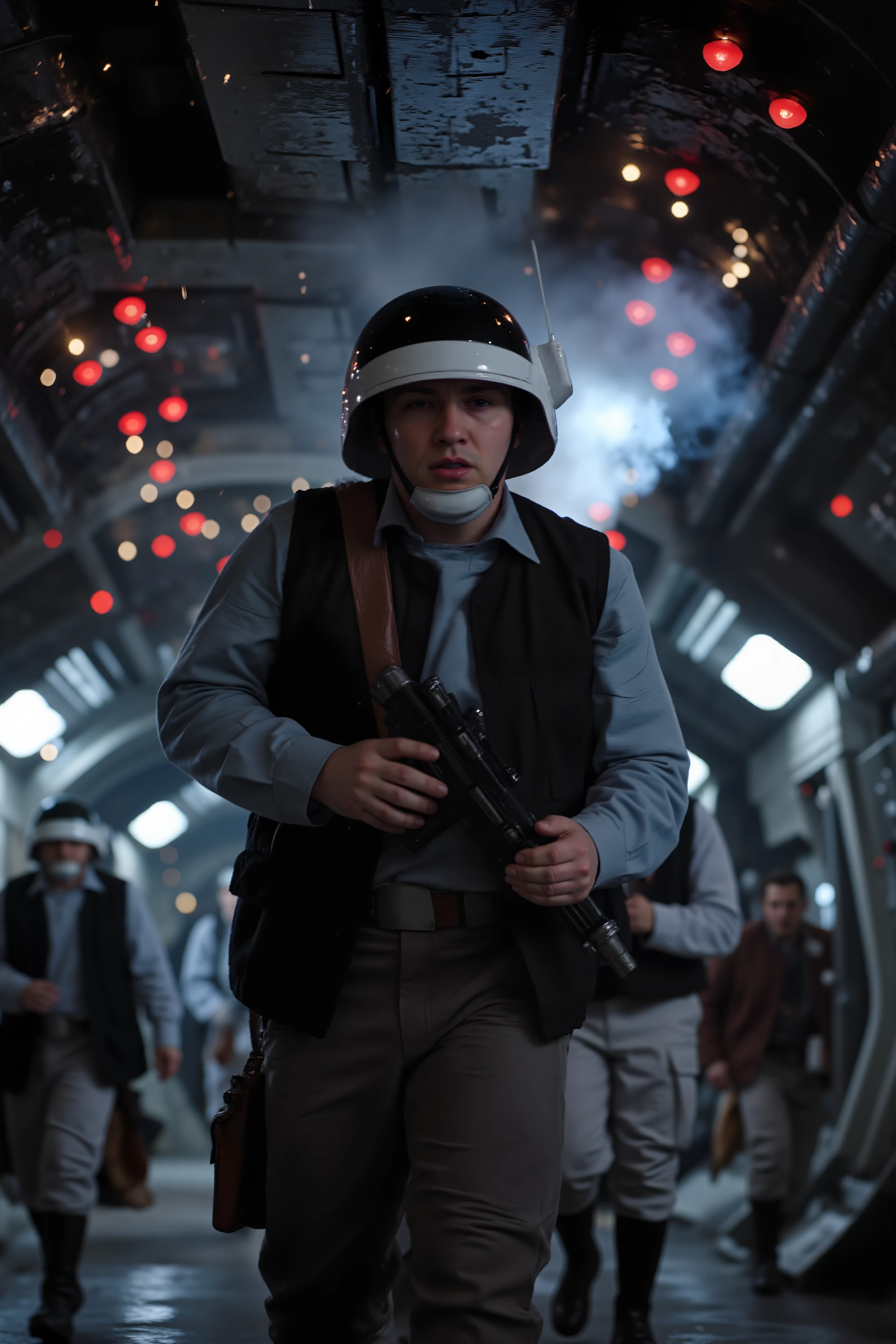 A hyper-realistic close-up of a Rebel Trooper running through the underbelly of a massive Star Destroyer, sparks flying from nearby electrical panels as alarms blare throughout the ship. His face is slick with sweat, and his eyes are wide with urgency as he clutches a data pad tightly against his chest. The background shows the sterile, cold metal corridors of the Star Destroyer, with red warning lights casting harsh shadows across the walls. Realistic details capture the flickering lights and steam rising from vents, while distant footsteps and the clank of approaching Stormtroopers echo through the hallways. His breath is visible in the cold, artificial air, adding to the tension as he makes his escape.<lora:REBEL_TROOPER_FLUX><lora:aidmaMJ6.1-FLUX-V0.1:0.6><lora:Movie_Portrait><lora:Flux DetailerV2>