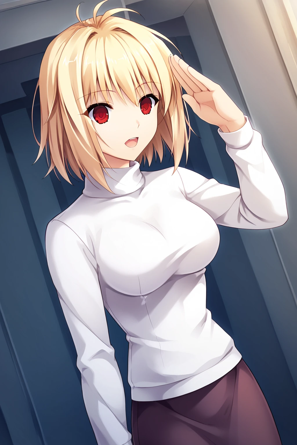 score_9, score_8_up, score_7_up, source_anime BREAK
<lora:arcuid-brunestud-ponyxl-lora-nochekaiser:1> arcueid brunestud, 1girl, blonde hair, red eyes, breasts, antenna hair, hair intakes, medium breasts, empty eyes,
long skirt, purple skirt, skirt, sweater, turtleneck, white sweater,
solo,
standing, salute, dutch_angle,
open mouth,
<lora:detail_eyes:0.2>, detail_eyes,
high resolution, Masterpiece, detailed,
<lora:Sayori_Style:1>