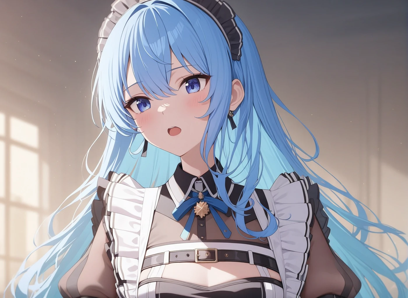 <lora:Hochimachi_fix_bg:1>hoshimachi_suisei, girl, virtual youtuber, blue hair, solo, blue eyes, open mouth, maid outfit , long hair, 6th_costume, cute , masterpiece, best quality, 1girl, solo, cinematic, soft lighting, shine skin , light skin , 8k