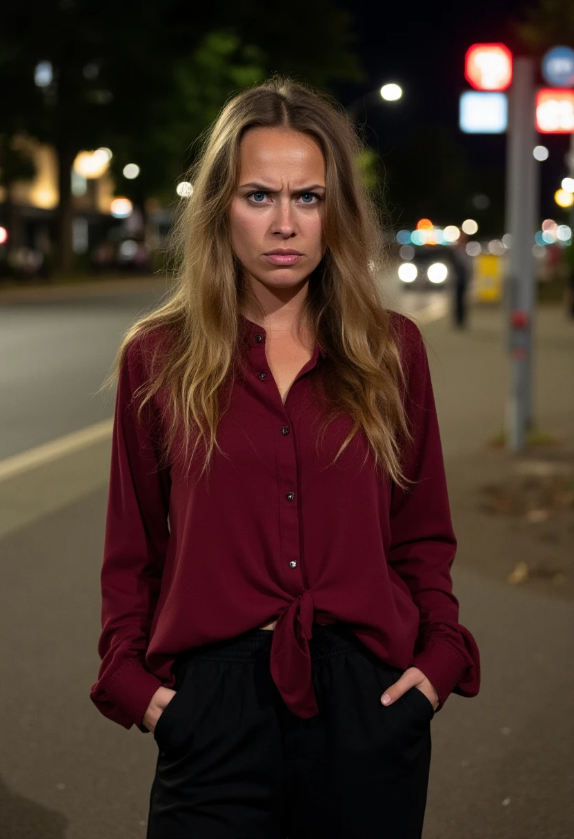 A medium wide shot of sinatkotsch, a woman. She has long hair. She is furious with an angry expression on her face. She is wearing a dark red modest neckholder shirt and black cloth pants. The background is blurry and shows an empty city street at night with some trees. The scene is illimated with bright street lights.