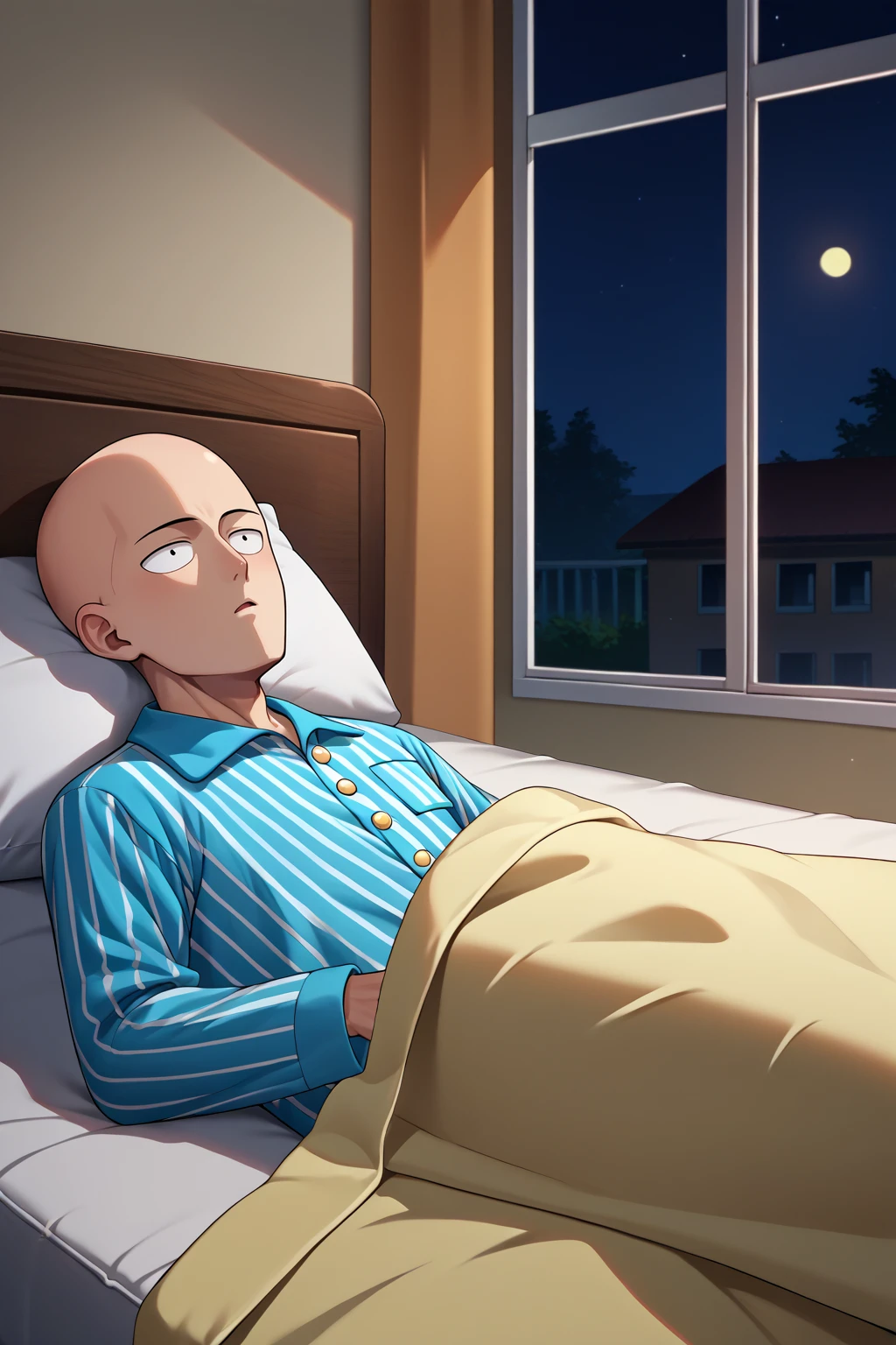 score_9, score_7_up, source_anime, 0pm, 1boy, bald, brown eyes, striped pajamas, blue pajamas, white pajamas, long sleeves, under covers, lying, on back, mattress, indoors, apartment, night, <lora:Hoseki_OnePunchMan_Saitama_PDXL_v1:1>