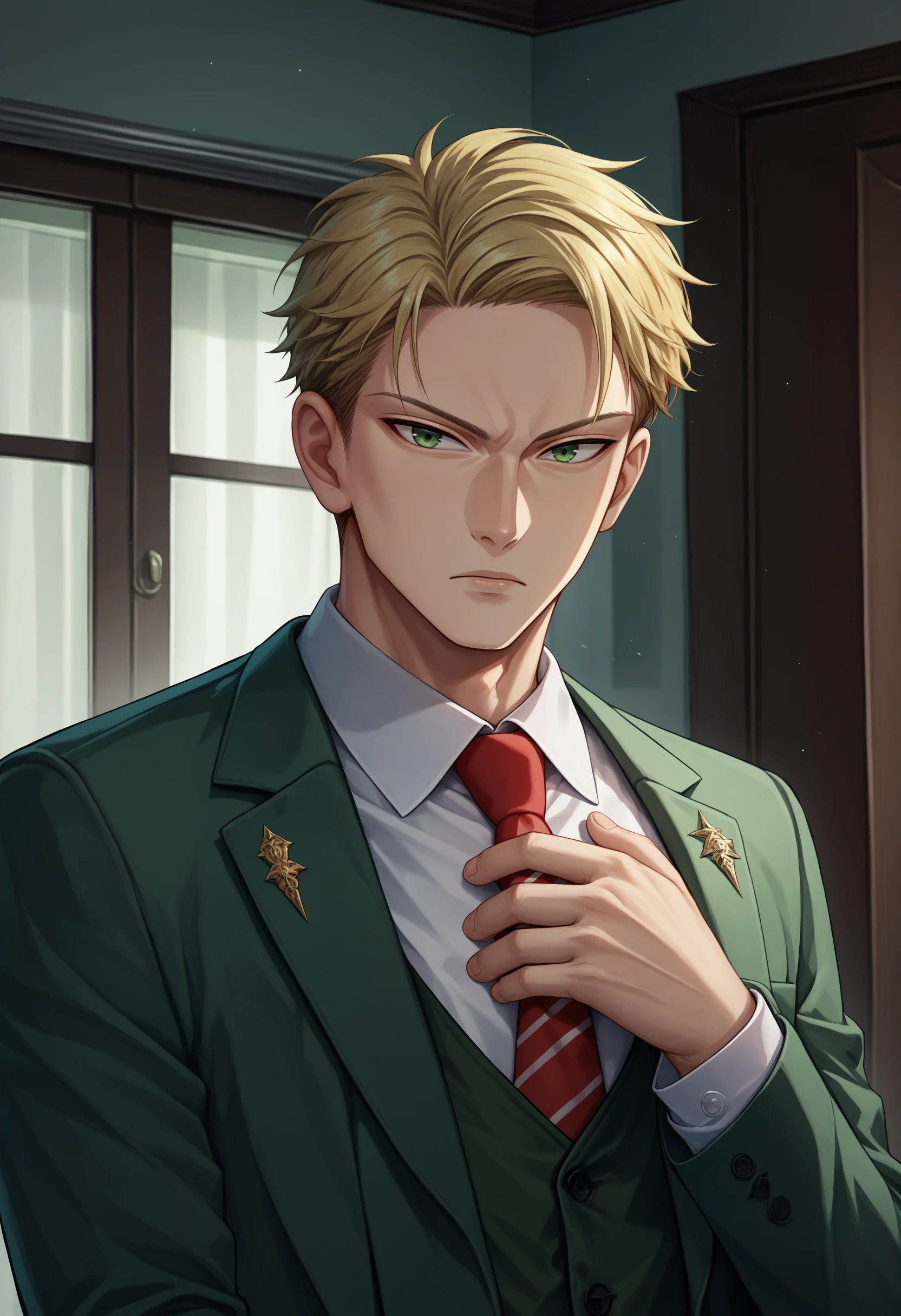 score_9, score_8_up, score_7_up, 1boy, loid forger, blonde hair, short hair, green eyes, collared shirt, red necktie, green jacket, white shirt, suit, formal, long sleeves, vest, <lora:LoidForgerTwilight_pdxl_Incrs_v1:1>, cowboy shot, hand on own chest, serious, indoors, looking at viewer, adjusting necktie,