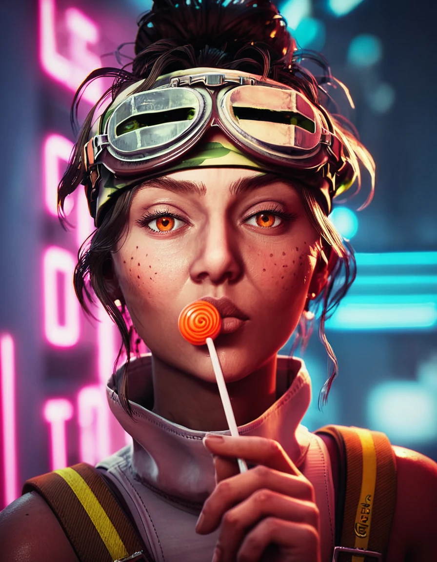 <lora:the_outer_worlds_xr_v1.0:0.7> score_9, score_8_up, score_7_up, parvati goggles, woman, he holds a lollipop in his hand, looking at viewer, neon