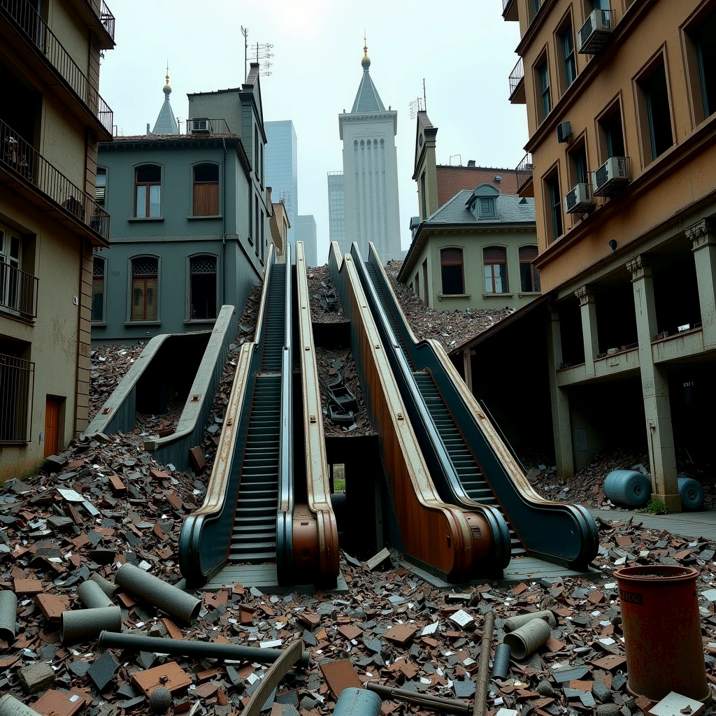 Decay and debris. Rusting and dilapidated escalators rising from the ground, leading nowhere. Buildings crumbling all around.

urbndcyCE style