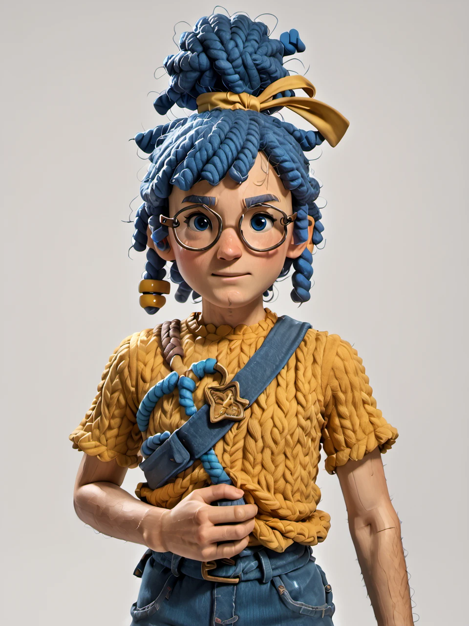 score_9, score_8_up, score_7_up,  score_6_up, BREAK, ItTakMay, solo, 1girl, blue eyes, glasses, blue hair, hair ribbon, yellow shirt, blue pants  <lora:May:1>