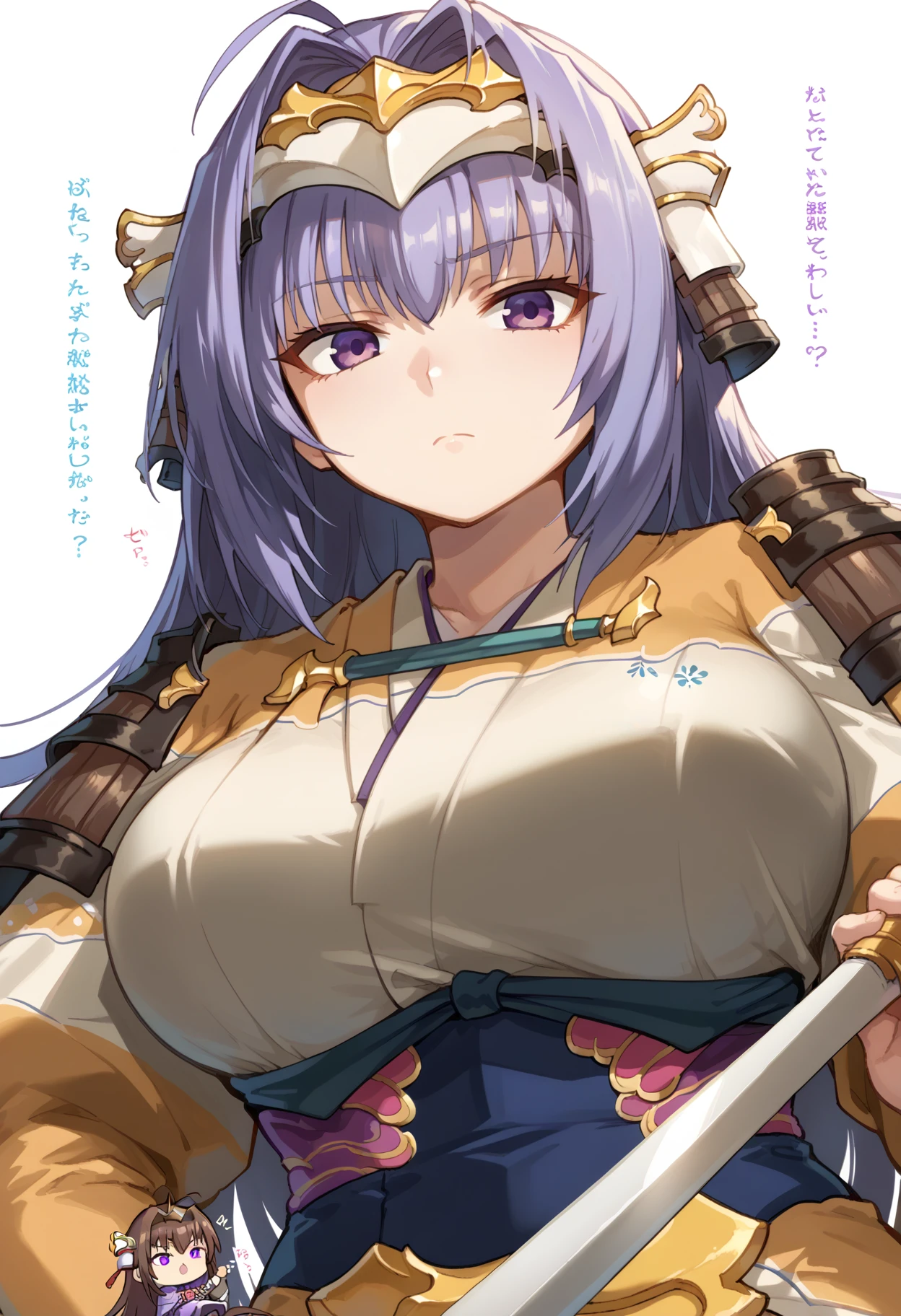 score_9, score_8_up, score_7_up, source anime, senhime, 1girl, 1boy, breasts, purple eyes, large breasts, long hair, brown hair, nude, purple hair, japanese armor, armor, holding, miniboy, giantess, mini person, weapon, japanese clothes, looking down, closed mouth, giant, from below, chibi, shoulder armor, hair intakes, obi, short kimono, headgear