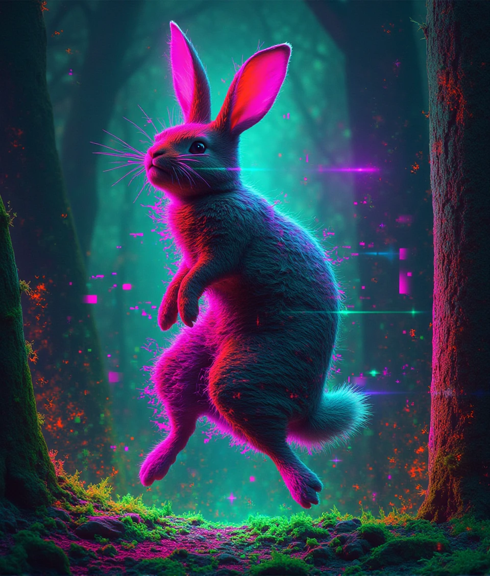 glitch-tech style,a rabbit jumping in a forest