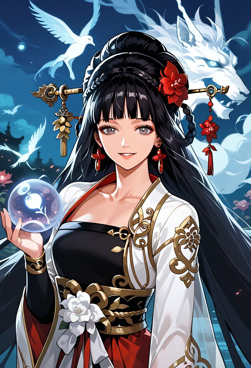 score_9,score_8_up,score_7_up,source_anime, DIVINERESS_(DUNGEON_AND_FIGHTER),1girl,solo,looking at viewer,smile,long sleeves,hair ornament,dress,holding,jewelry,very long hair,collarbone,upper body,braid,flower,earrings,parted lips,blunt bangs,hair flower,chinese clothes,white flower,red flower,hair rings,shawl,hair stick,orb,hanfu,