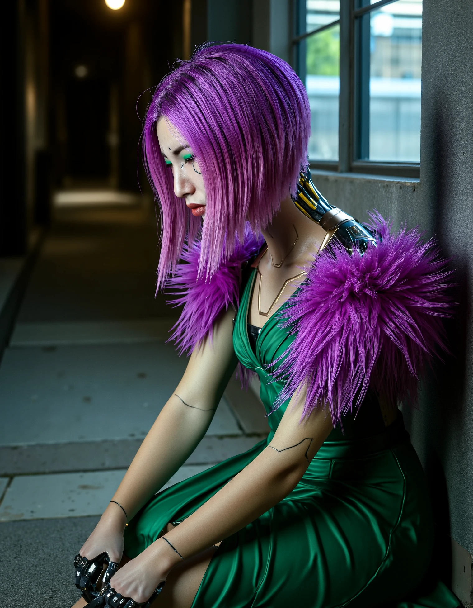 zavy-sngbrd-flx, sngbrd-prty, professional street photography sideview of a woman sitting on pavement crying with vibrant purple hair and cyberware body while wearing green dress with purple feathers around her upper arms and uncovered cyberware shoulders. The environment is a dark alley at night, cyberware hands,