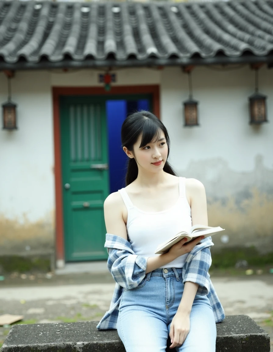 xiancheng, xiancheng, The photograph features a young woman with East Asian features, sitting on a stone bench in front of a rustic, aged building with a textured white wall and a green door. She has dark hair styled in a side part, and her facial expression is contemplative. She is dressed in a casual, relaxed style, wearing a white tank top and a light blue plaid shirt, which is unbuttoned and draped over her shoulders, giving her a laid-back, effortless look. She also wears light blue, high-waisted jeans that are slightly worn at the knees. Her left arm is crossed over her chest, and she holds a book in her right hand, which she is reading with a slight smile.The background features a rustic, old-world aesthetic, with a tiled roof and two traditional lanterns hanging from it. The building's walls are textured and weathered, adding to the sense of age and history. The green door is slightly ajar, revealing a blue interior. The ground is uneven and covered in moss, suggesting an outdoor setting, possibly in a small village or rural area. The overall mood of the photograph is serene and contemplative, capturing a quiet moment of leisure and reflection.,  <lora:xiancheng_F1_V1.0_sampon:1.2>,