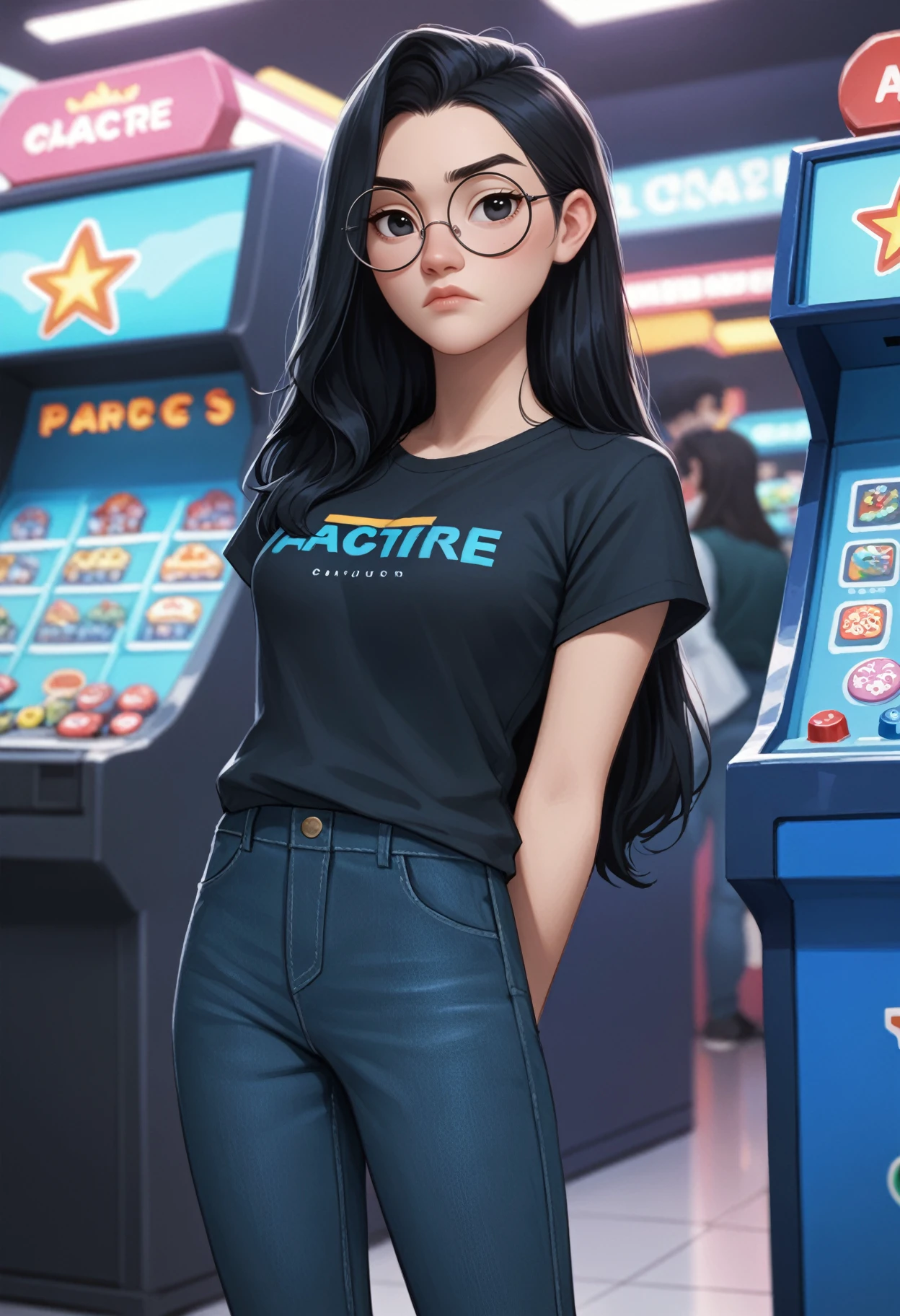 zPDXL3, score_9, score_8_up, score_7_up, score_6_up, score_5_up, score_4_up, 
1girl, solo, medium breasts, 
pout, arm behind back,
shirt, lowleg pants, round eyewear, 
arcade,
<lora:Coral Island - Lily:0.6> cilily, black hair, long hair, black eyes,