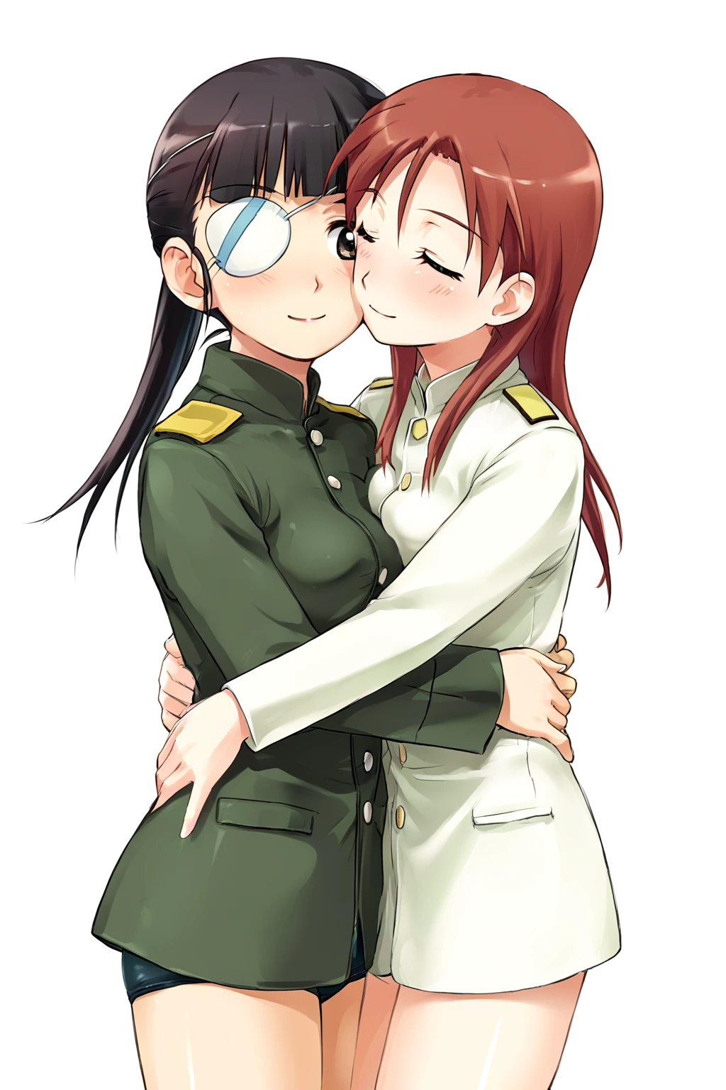 score_9, source_anime, 2girls, mio, eyepatch, minna, hugging, yuri