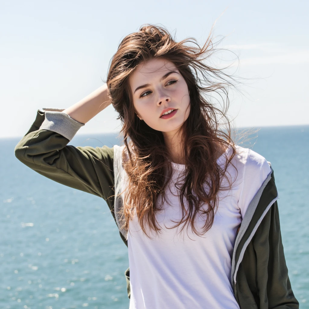 A portrait of elise_trouw standing by the sea. She wears a white t-shirt and a green jacket. Her long, wavy brown hair is blowing in the wind, and she adjusts her hair with one hand. The background shows a vast expanse of blue water and a clear sky. The image style is casual and relaxed, emphasizing the subject's natural beauty and the serene ocean.